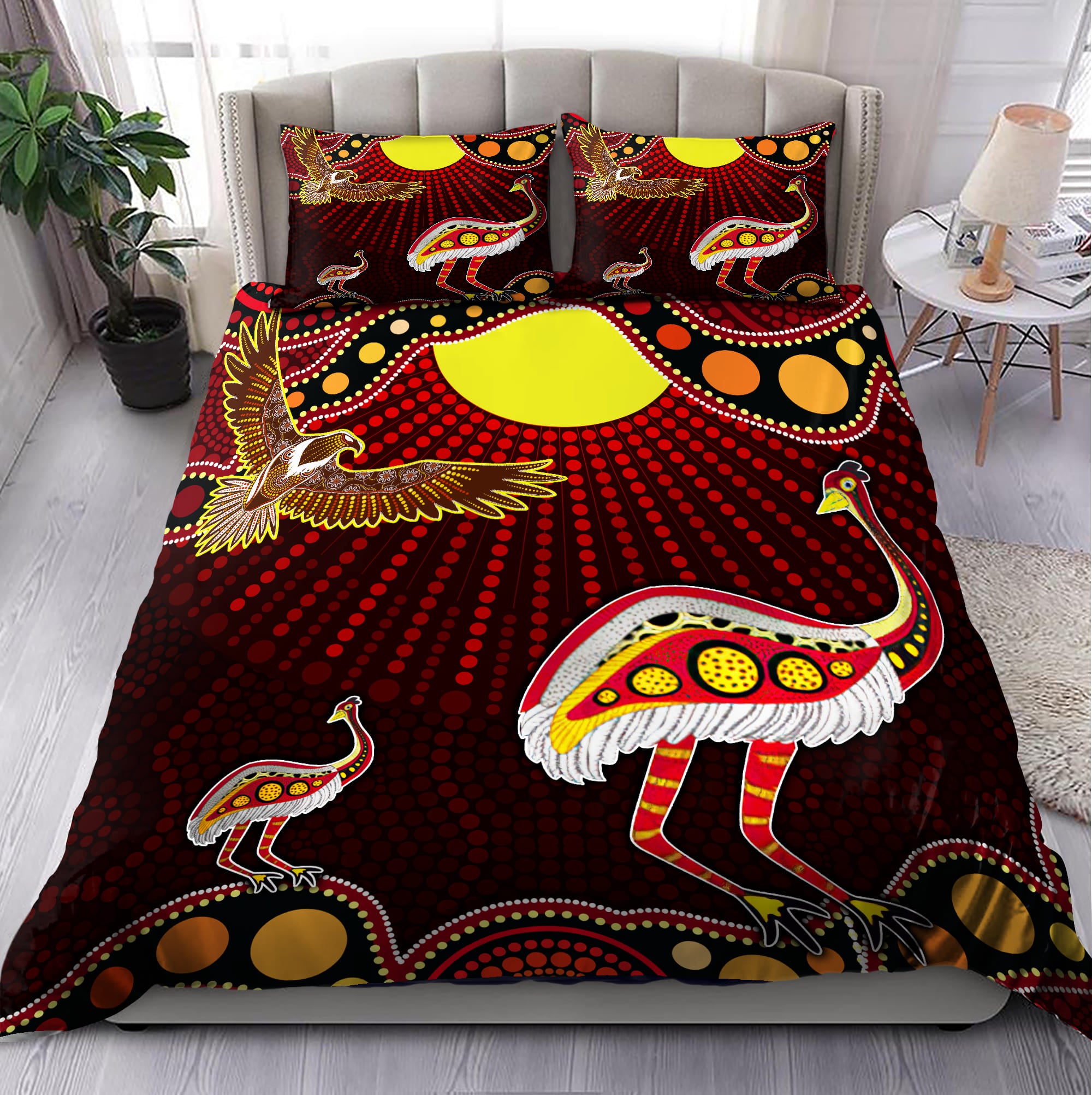 Australian Aboriginal Emu And Eagle Printed Bedding Set - Bedding Set, Duvet Cover, Quilt, Pillow, Blanket
