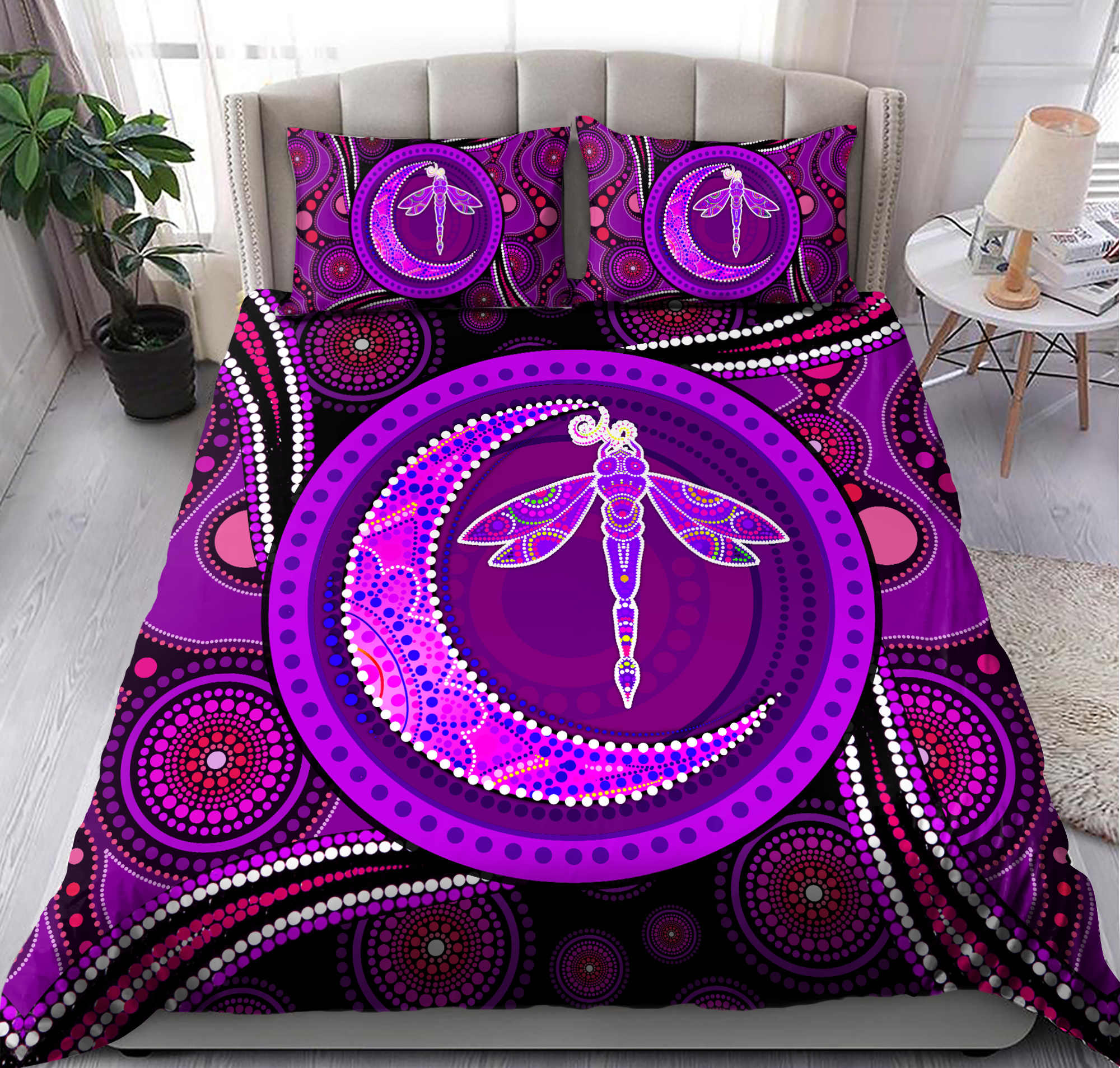 Aboriginal Moon Dragonfly Indigenous Painting Art Purple Bedding Set - Bedding Set, Duvet Cover, Quilt, Pillow, Blanket