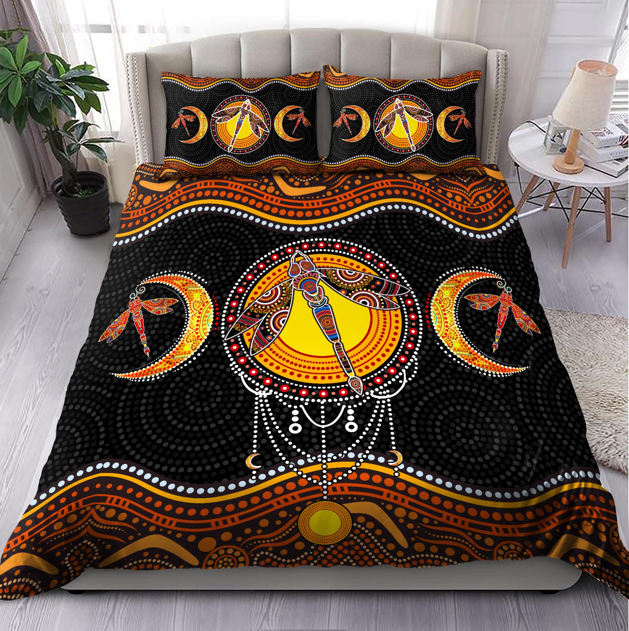 Aboriginal Sun And Moon Dragonfly Painting Art Bedding Set - Bedding Set, Duvet Cover, Quilt, Pillow, Blanket