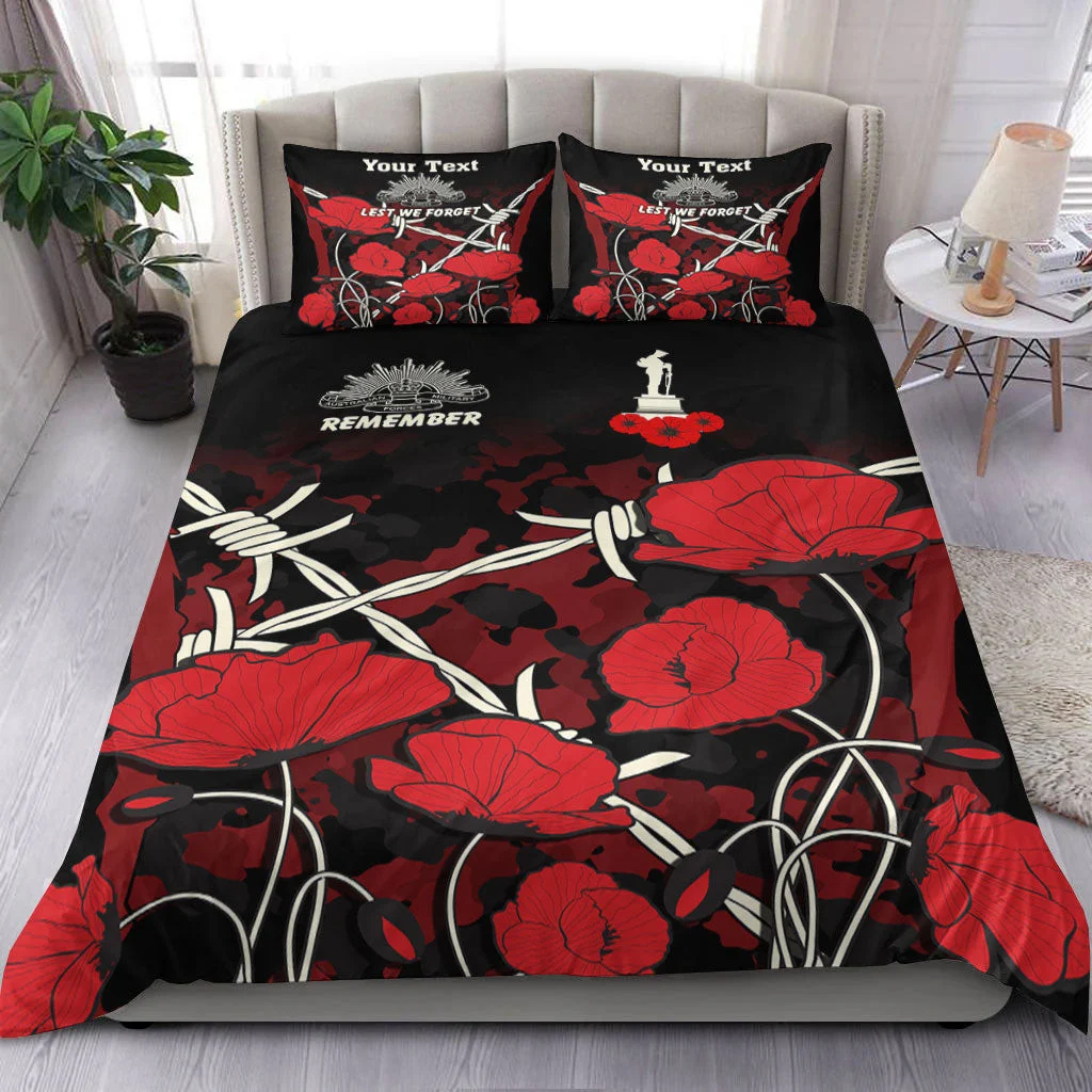 Anzac Day Camouflage Poppy & Barbed Wire Custom Name Bedding Set   - Bedding Set, Duvet Cover, Quilt, Pillow, Blanket