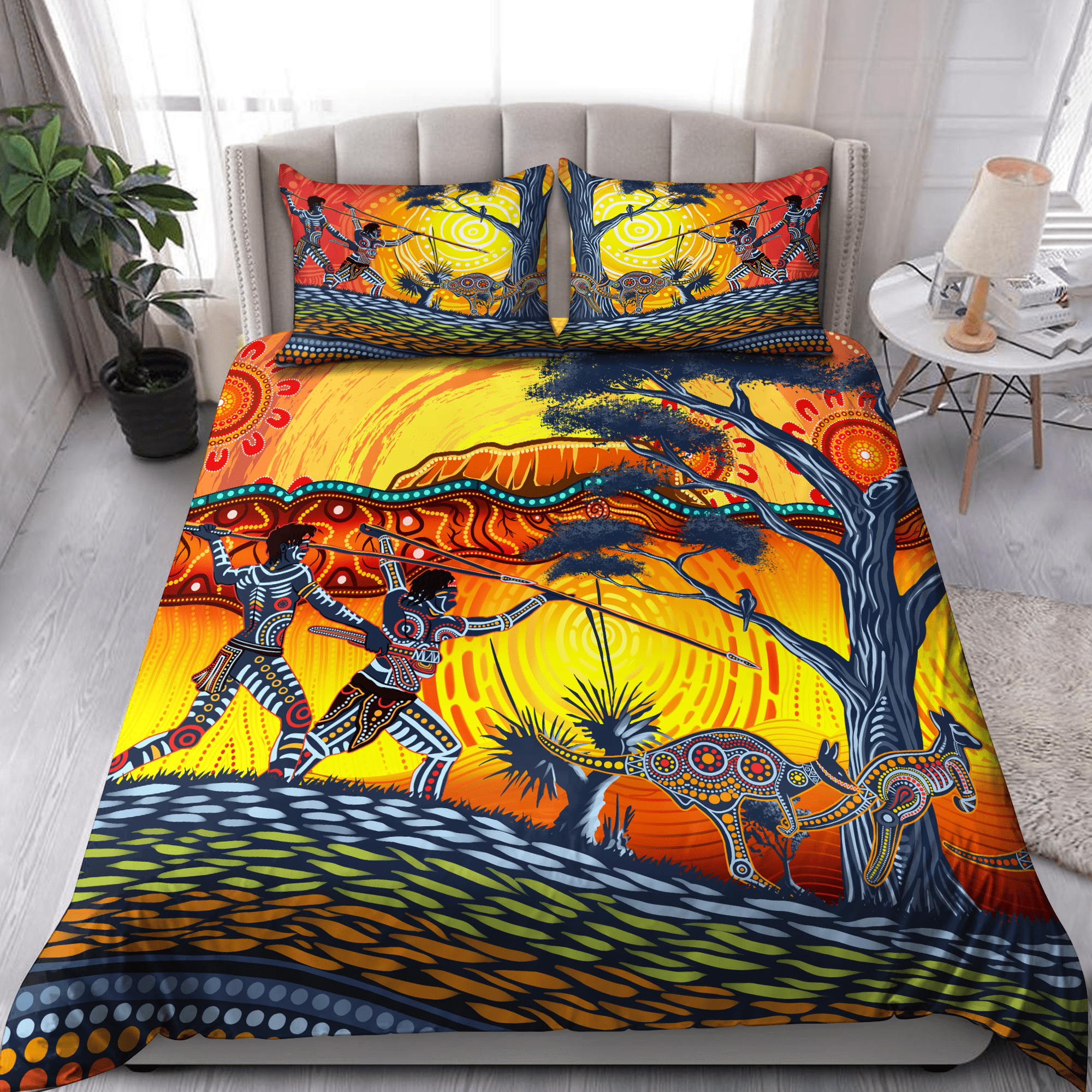 Aboriginal Indigenous Hunting Kangaroo Bedding Set - Bedding Set, Duvet Cover, Quilt, Pillow, Blanket