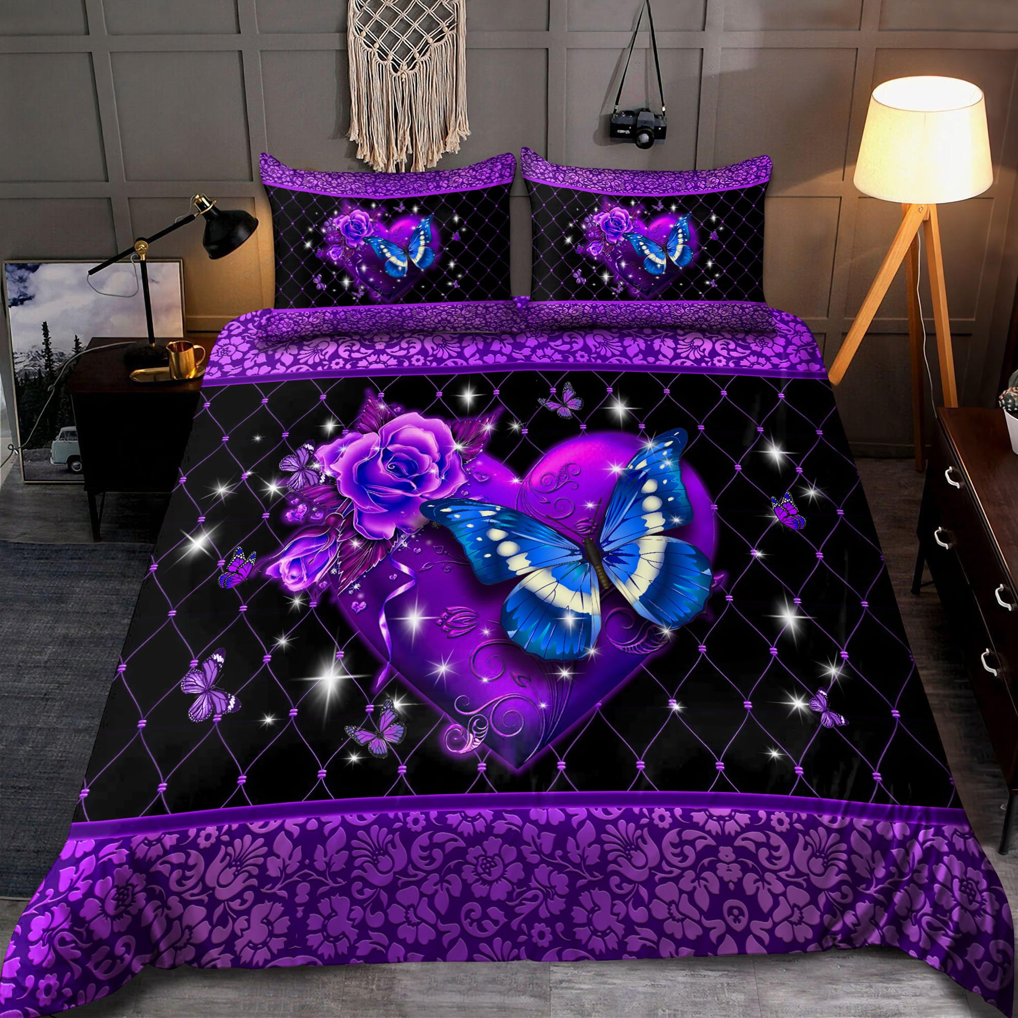 Butterfly With Heart All Over Printed Bedding Set - Bedding Set, Duvet Cover, Quilt, Pillow, Blanket