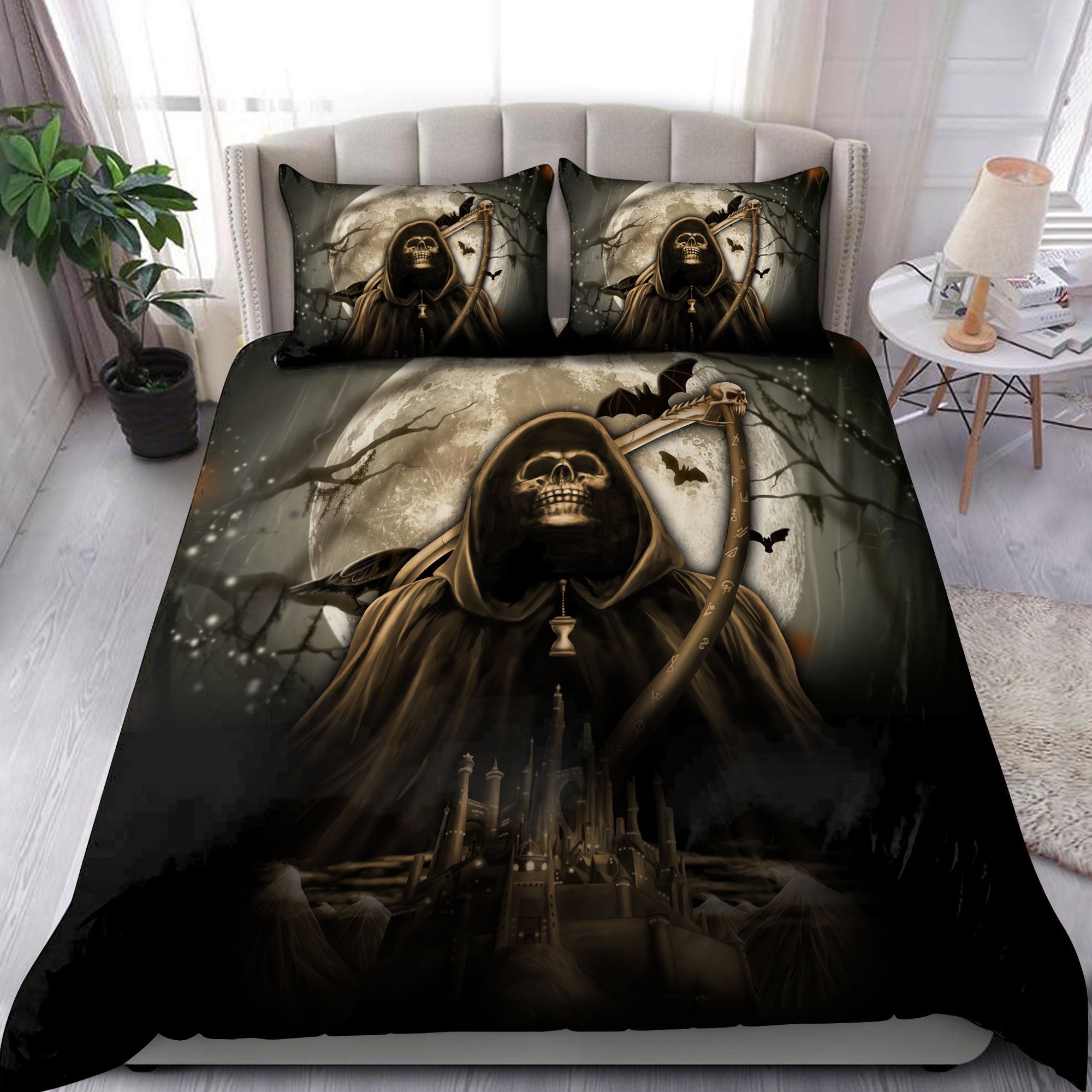 Skull Grim Reaper Castle Moon D Bedding Set - Bedding Set, Duvet Cover, Quilt, Pillow, Blanket