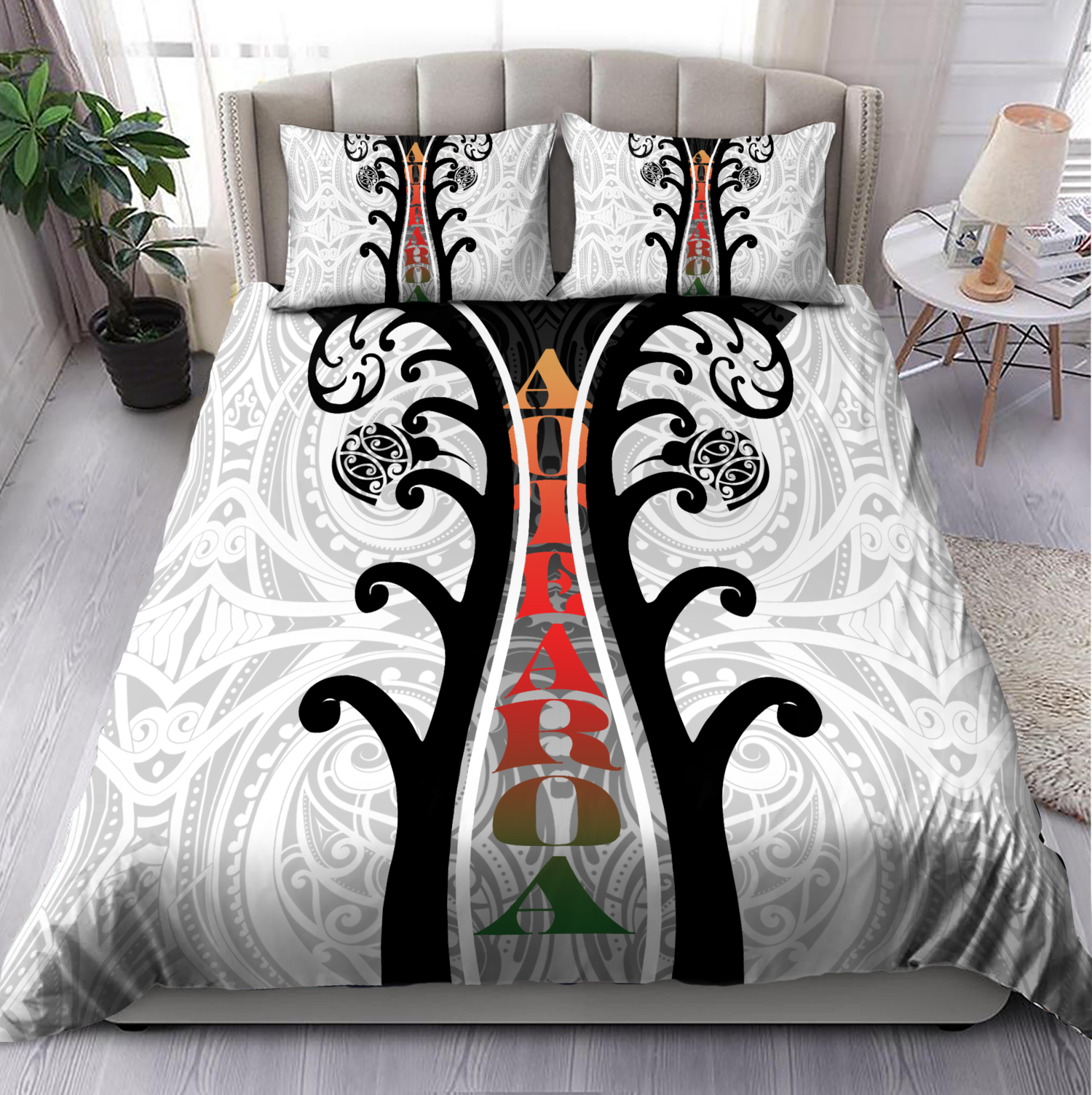Aotearoa New Zealand Maori Fern Tattoo Bedding Set   - Bedding Set, Duvet Cover, Quilt, Pillow, Blanket