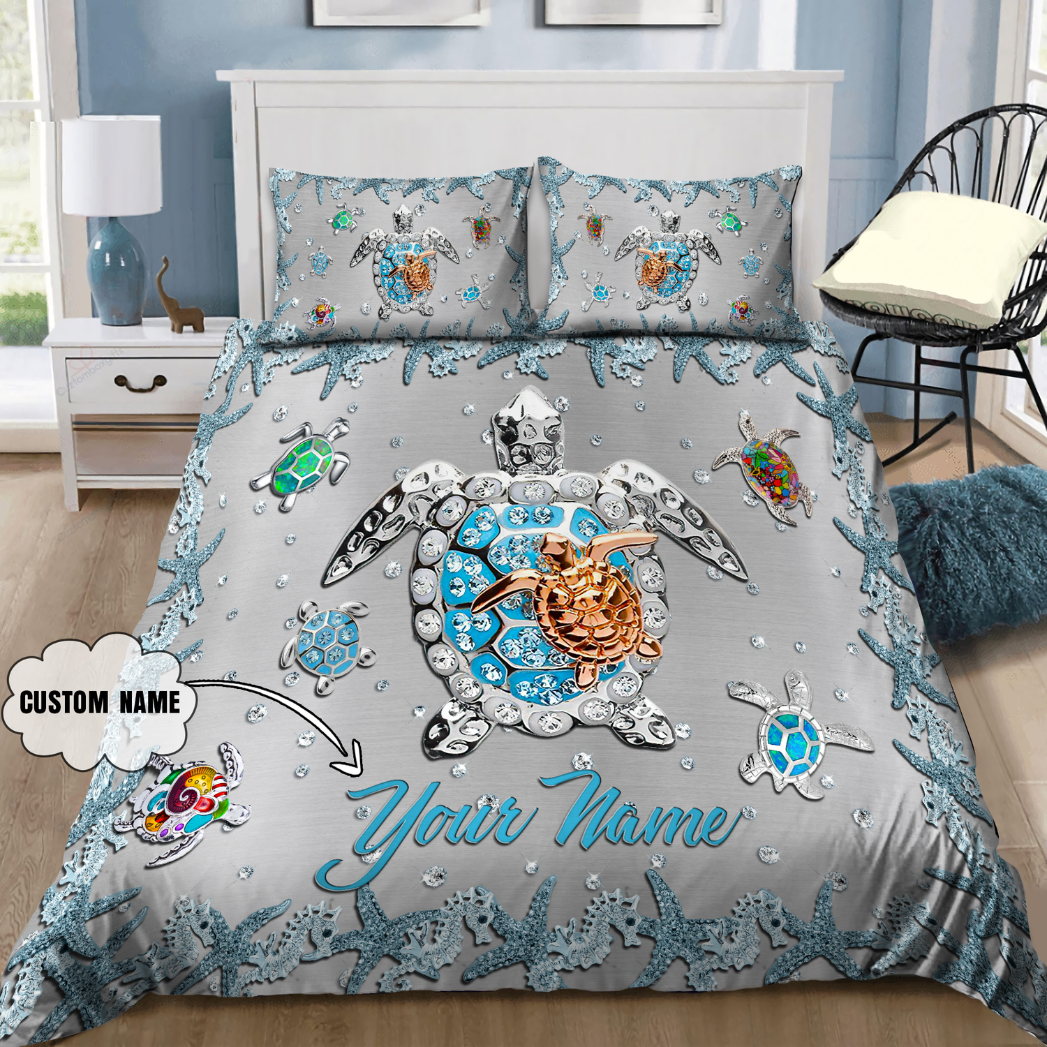 Customized Name Sea Turtle Bedding Set PD - Bedding Set, Duvet Cover, Quilt, Pillow, Blanket