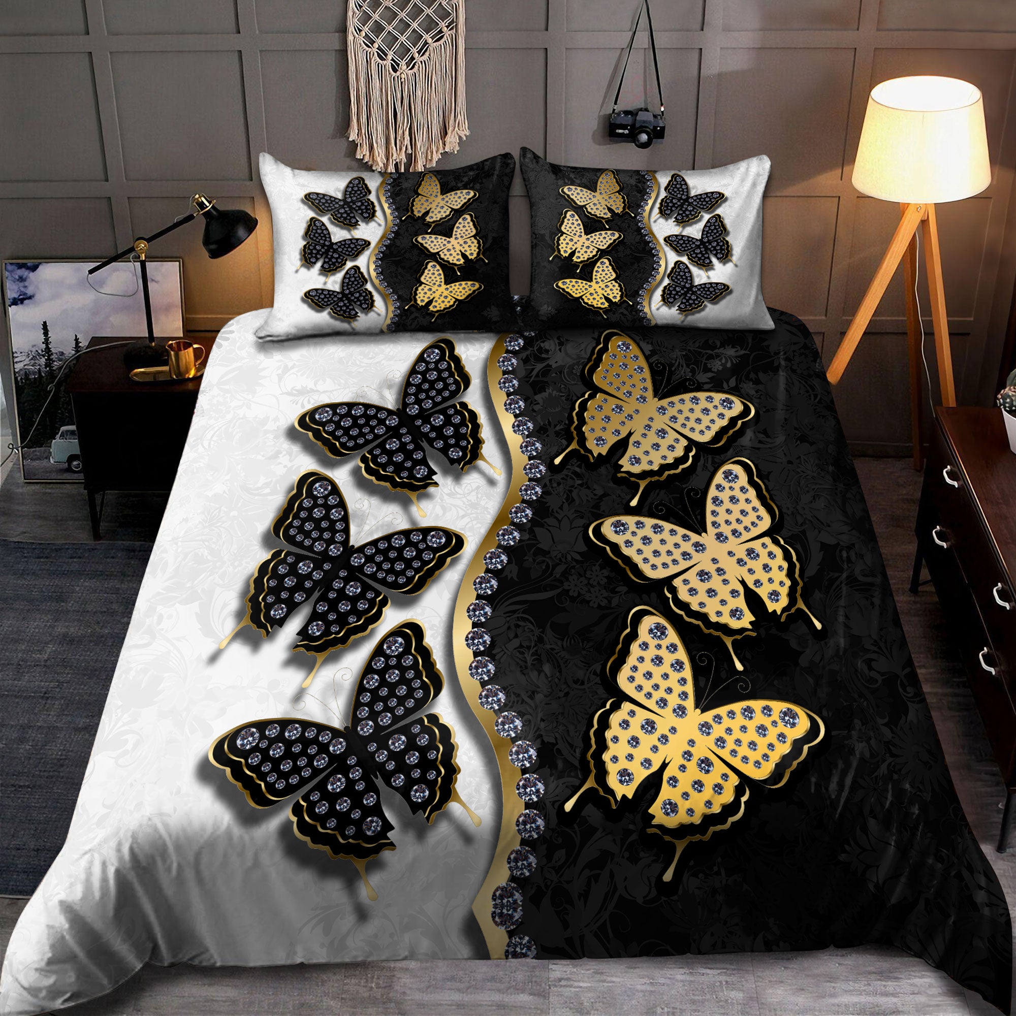 Black & White Butterfly All Over Printed Bedding Set - Bedding Set, Duvet Cover, Quilt, Pillow, Blanket