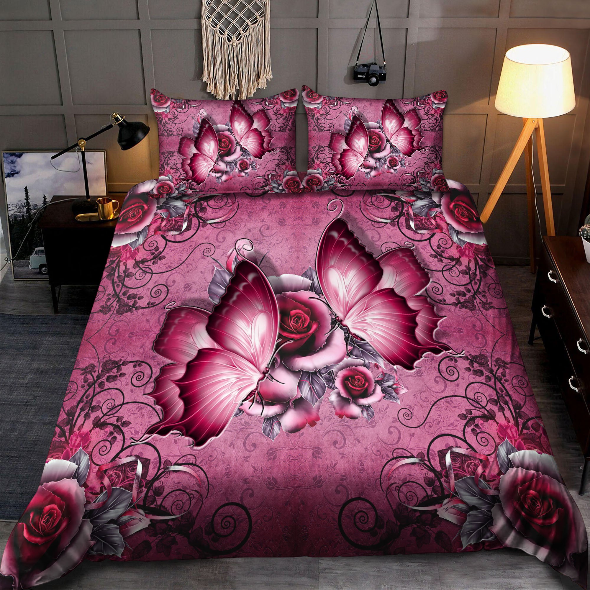 Pink Butterfly All Over Printed Bedding Set - Bedding Set, Duvet Cover, Quilt, Pillow, Blanket