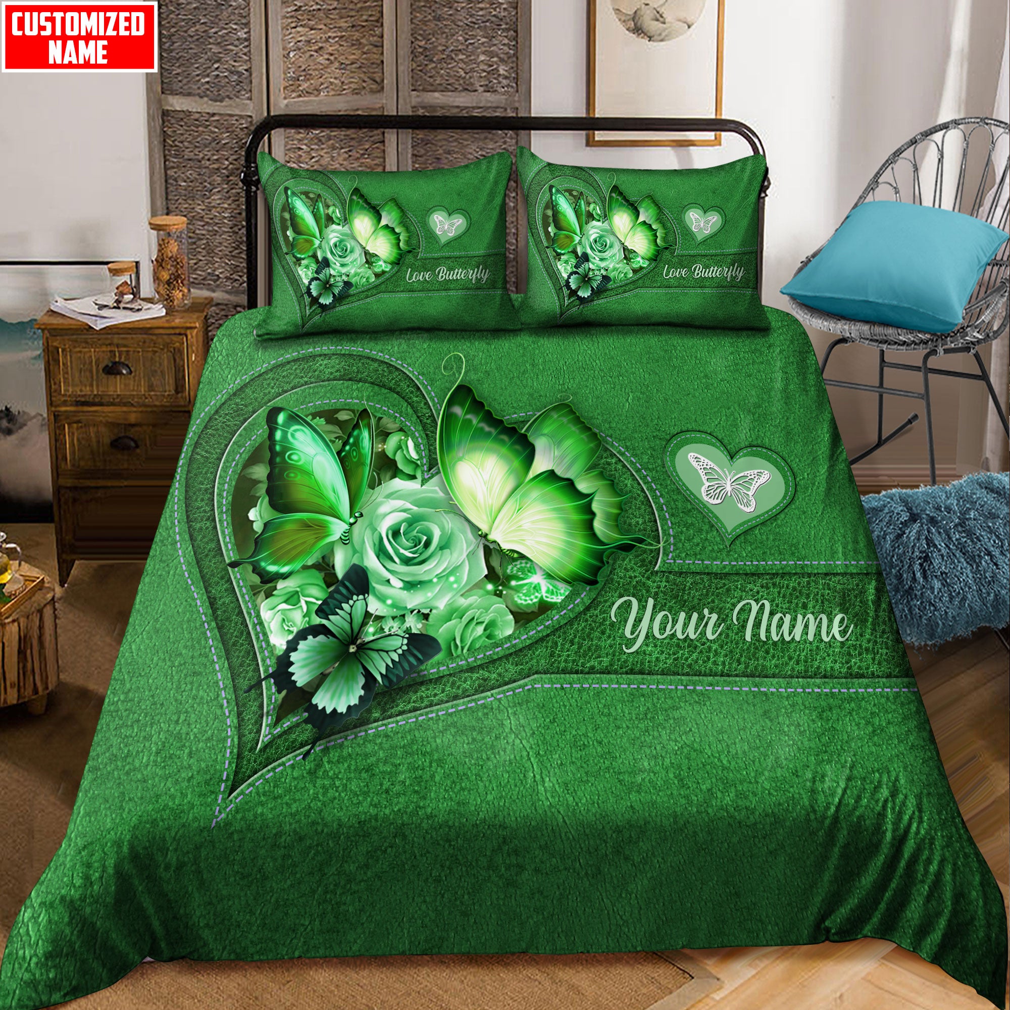 Customized Name Butterfly Green Color Bedding Set - Bedding Set, Duvet Cover, Quilt, Pillow, Blanket