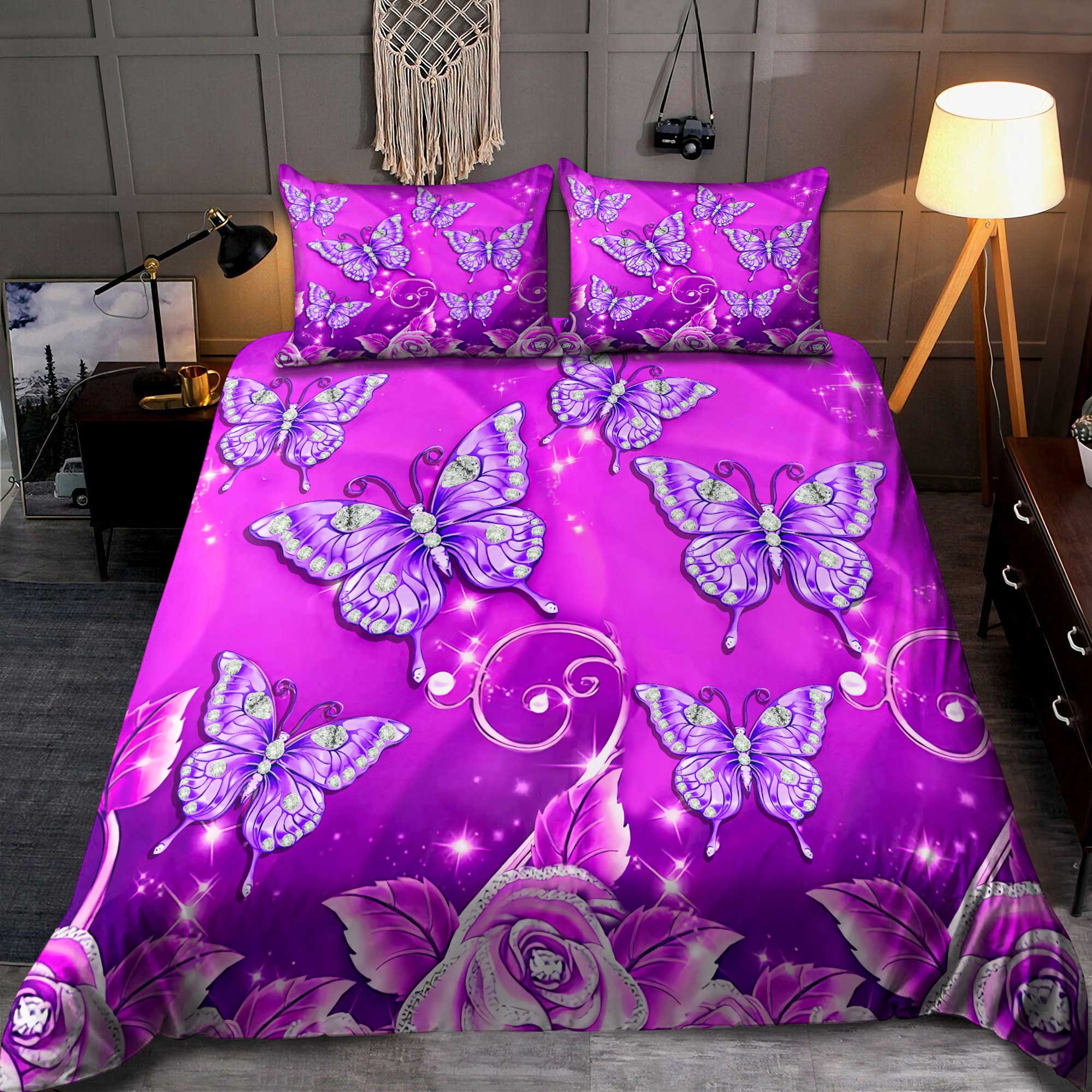Purple Butterfly All Over Printed Bedding Set - Bedding Set, Duvet Cover, Quilt, Pillow, Blanket