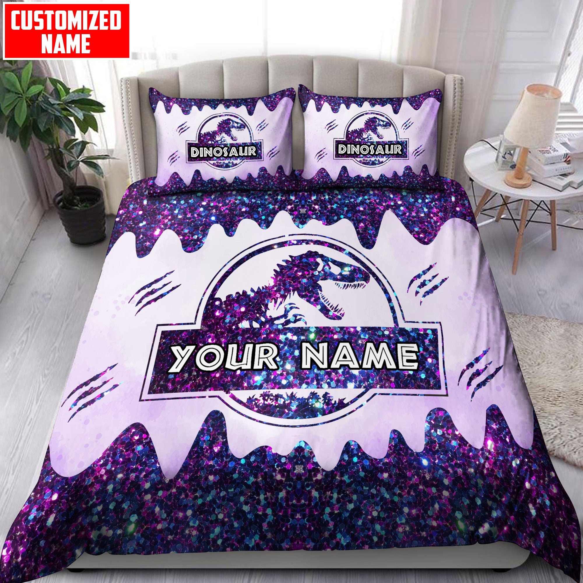 Customized Name Dinosaur Bedding Set - Bedding Set, Duvet Cover, Quilt, Pillow, Blanket