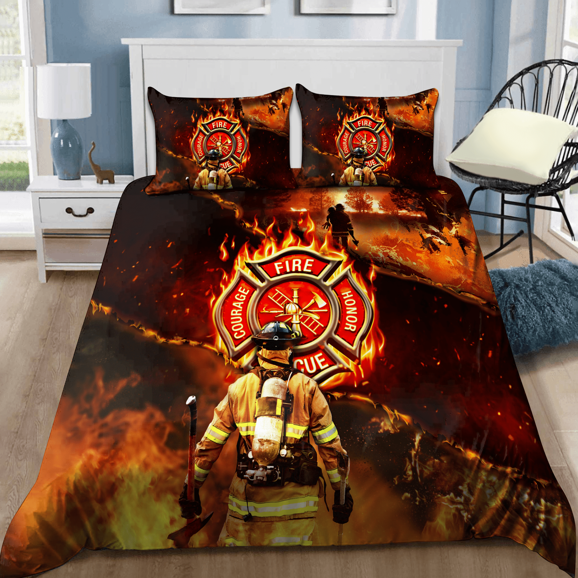 Firefighter All Over Printed Bedding Set DQBNA - Bedding Set, Duvet Cover, Quilt, Pillow, Blanket