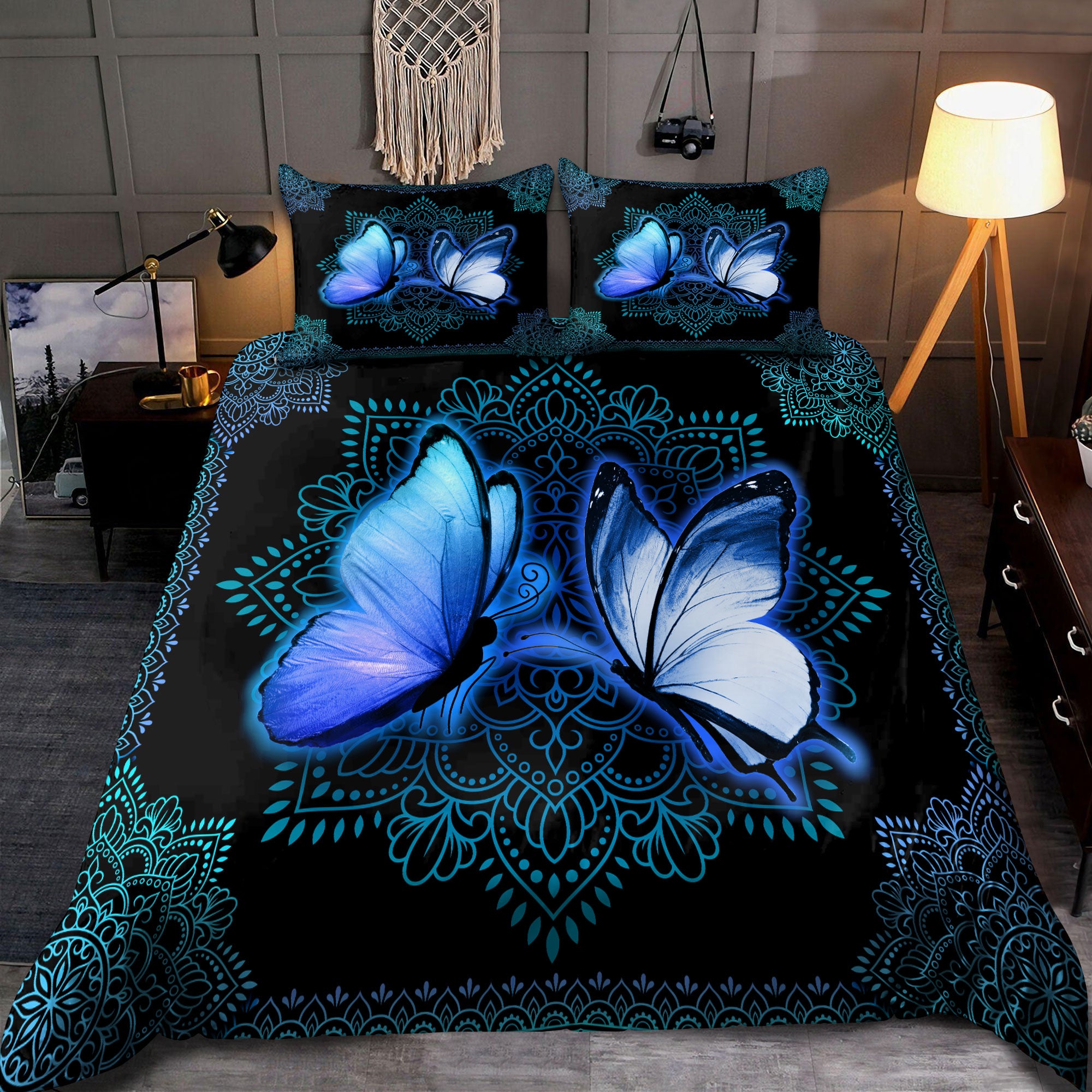 Blue Butterfly Mandala All Over Printed Bedding Set - Bedding Set, Duvet Cover, Quilt, Pillow, Blanket