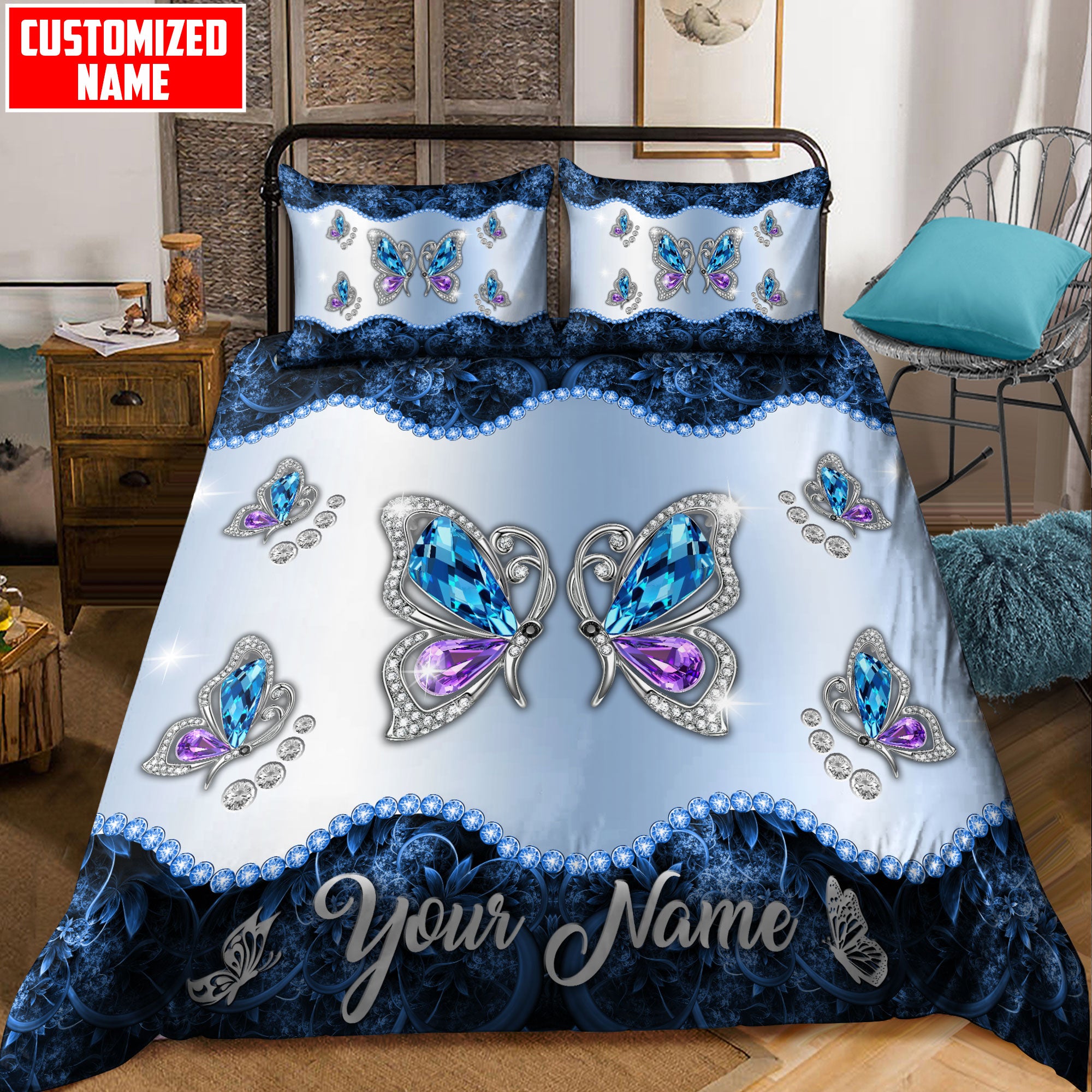 Customized Name Butterfly All Over Printed Bedding Set - Bedding Set, Duvet Cover, Quilt, Pillow, Blanket