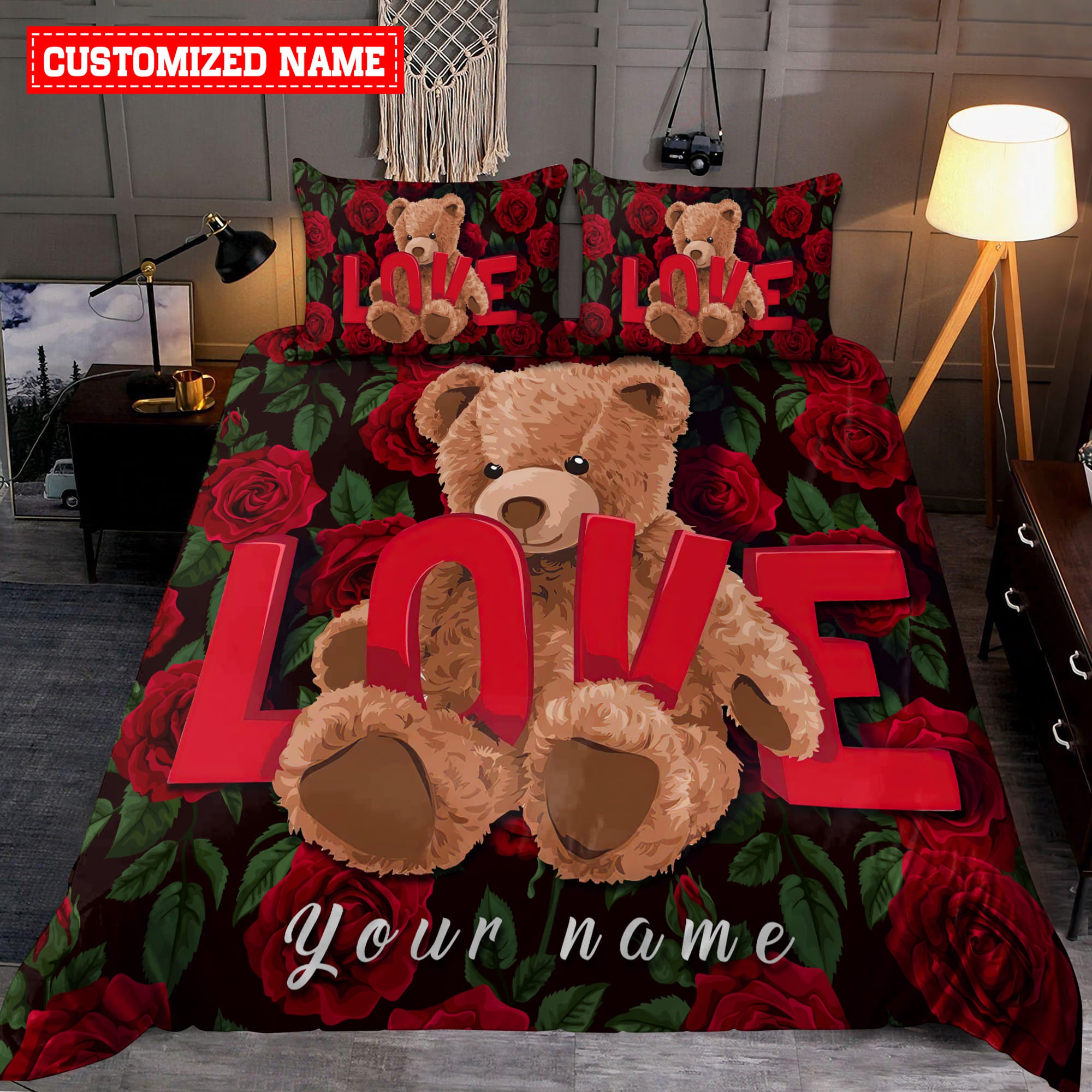 Personalized Teddy Bear Love With Rose All Over Printed Bedding Set - Bedding Set, Duvet Cover, Quilt, Pillow, Blanket
