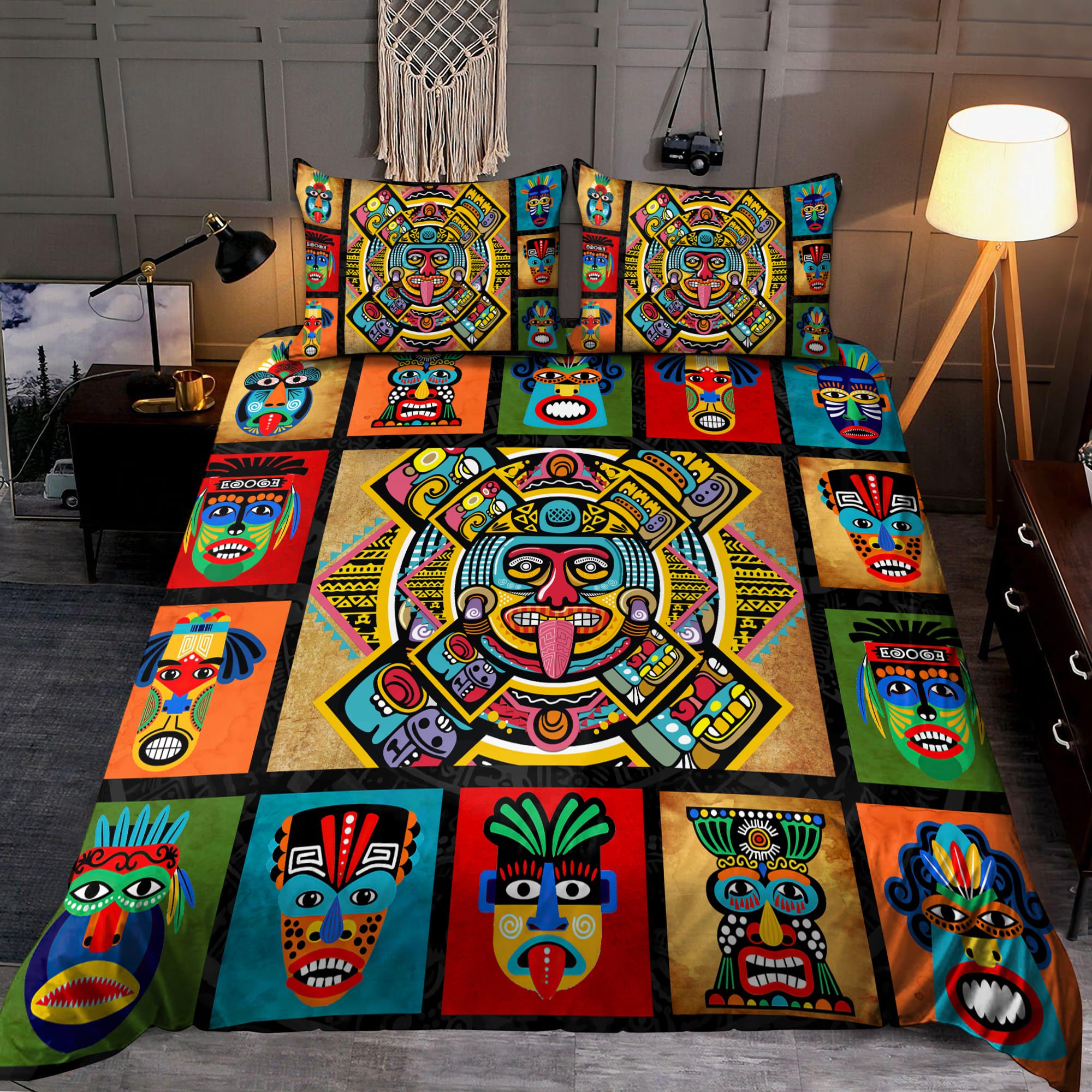 Mexican Aztec God Aztec Mask All Over Printed Bedding Set - Bedding Set, Duvet Cover, Quilt, Pillow, Blanket
