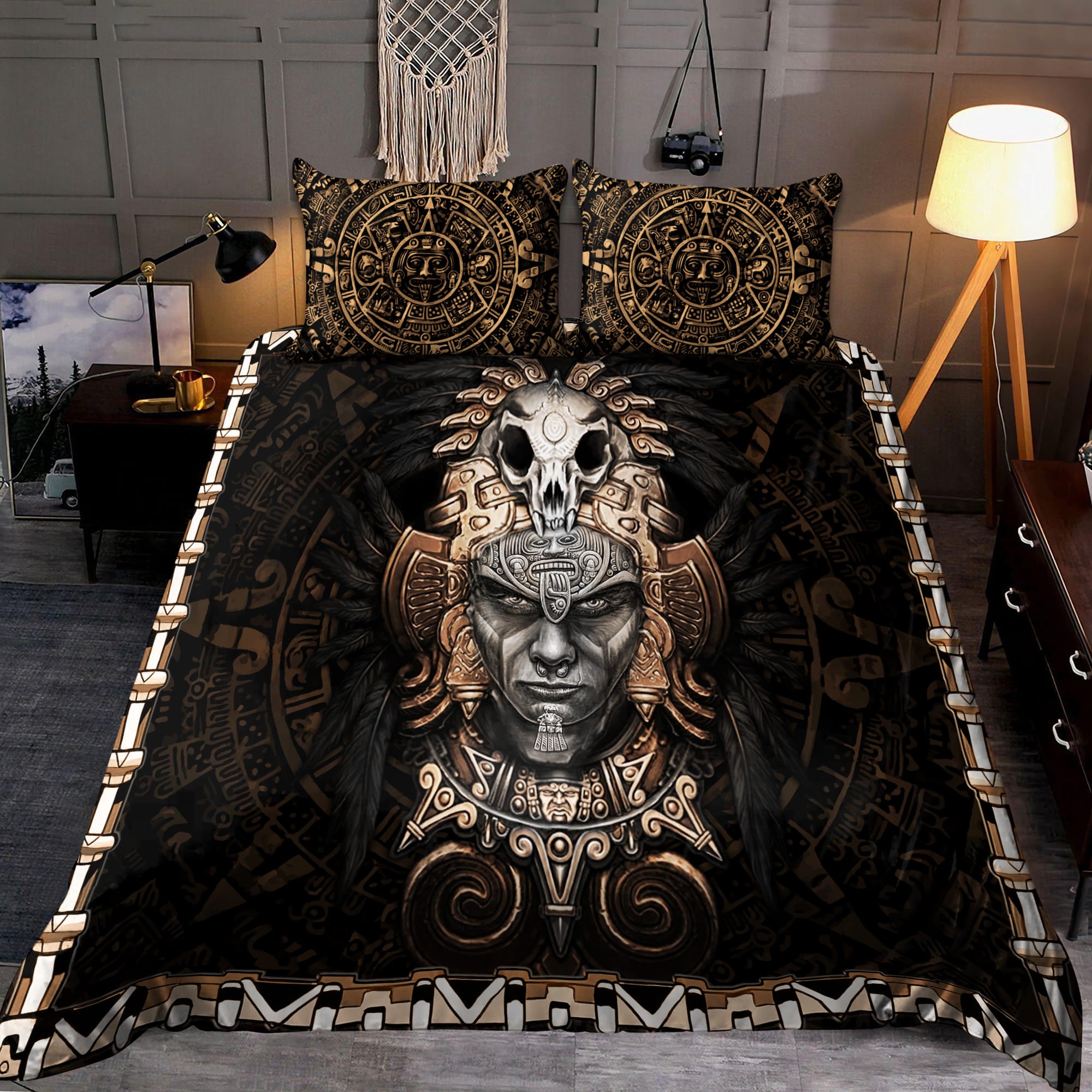 Aztec Warrior Calendar Gold Bedding Set - Bedding Set, Duvet Cover, Quilt, Pillow, Blanket