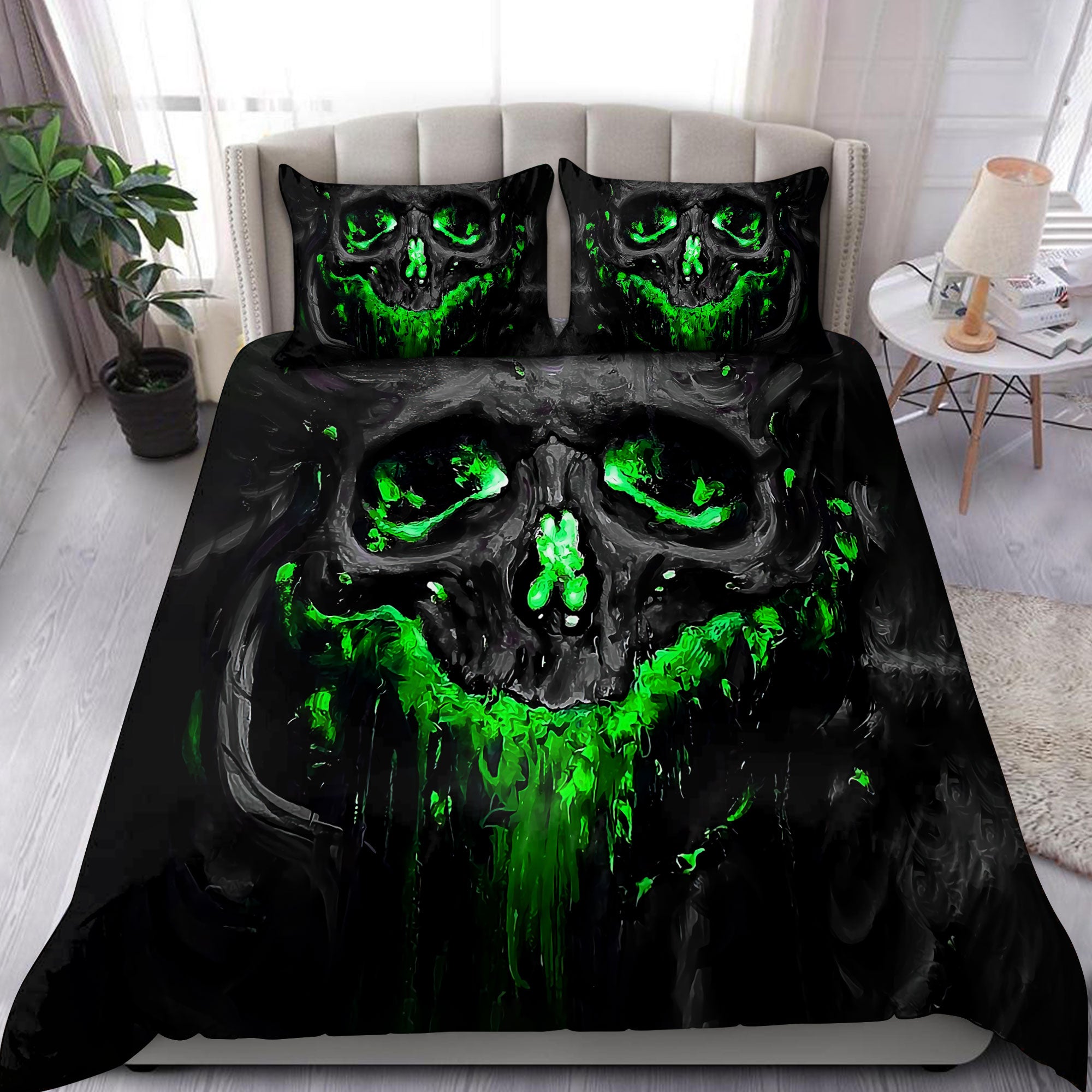 Skull Green Neon Light Bedding Set - Bedding Set, Duvet Cover, Quilt, Pillow, Blanket