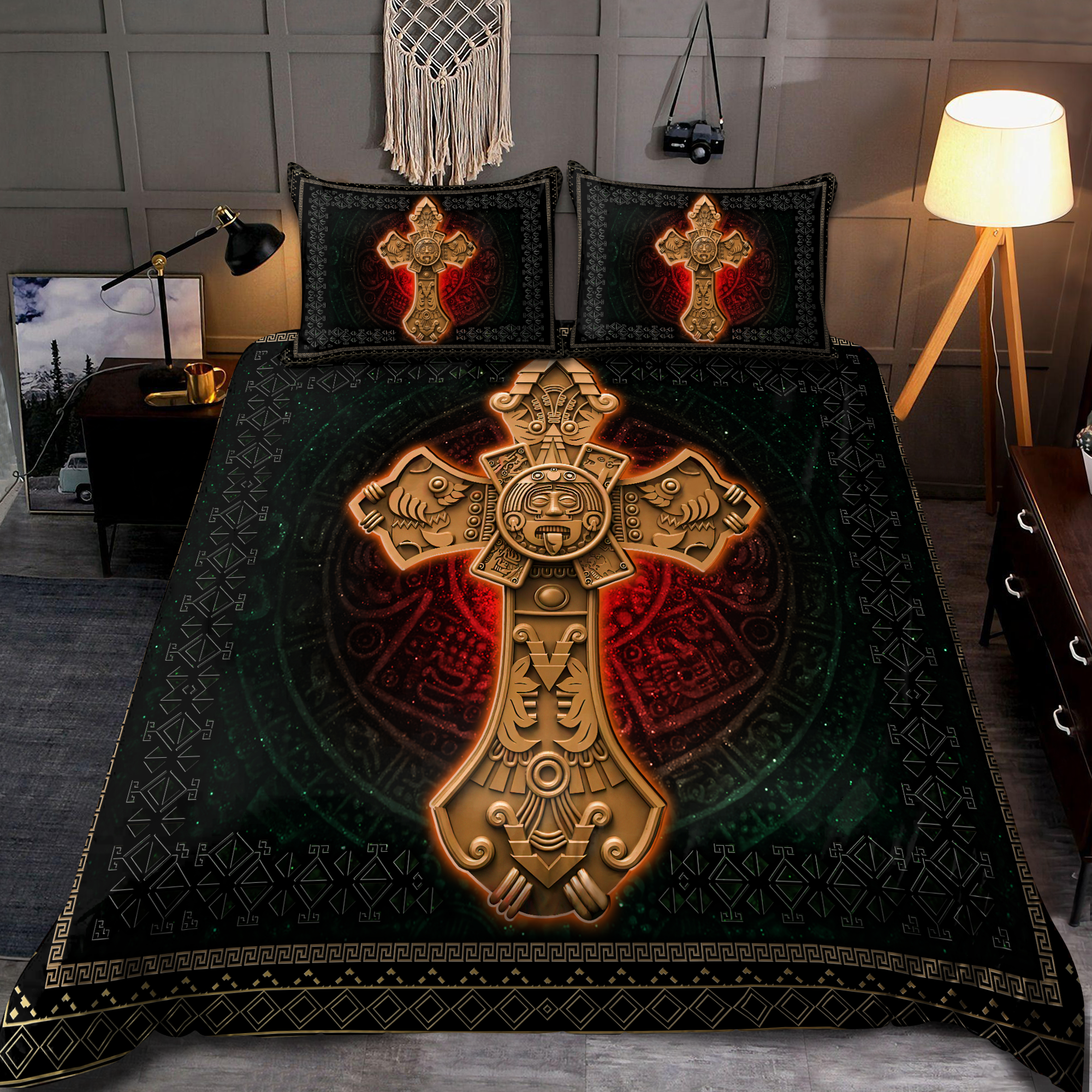 Mexican Aztec God Cross All Over Printed Bedding Set - Bedding Set, Duvet Cover, Quilt, Pillow, Blanket