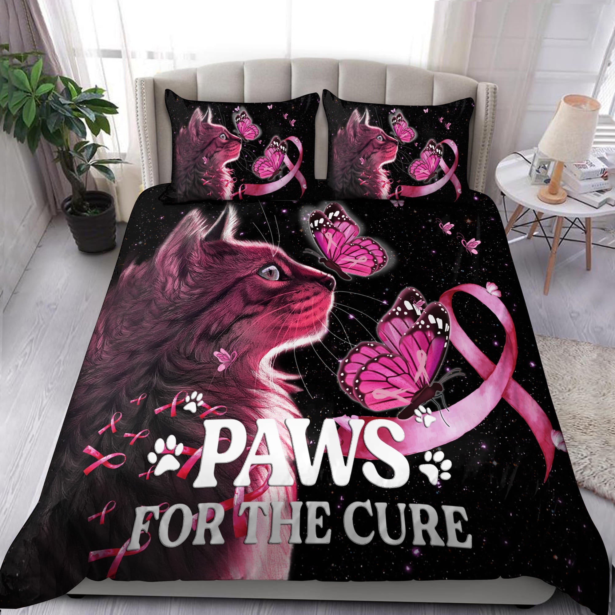Paws For The Cure Breast Cancer Awareness All Over Printed Bedding Set - Bedding Set, Duvet Cover, Quilt, Pillow, Blanket