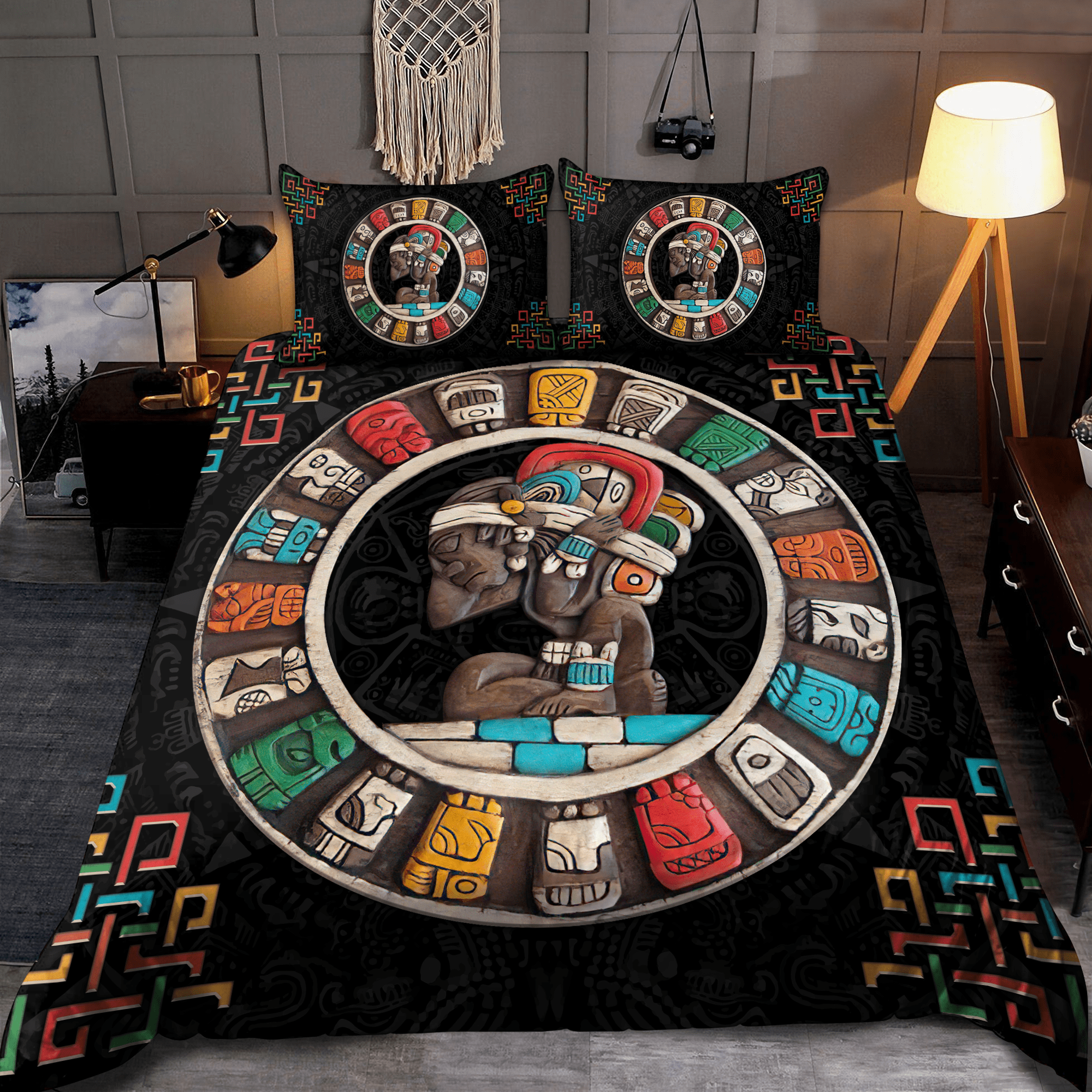 Mexican Aztec Mayan Calendar Mayan Mask All Over Printed Bedding Set - Bedding Set, Duvet Cover, Quilt, Pillow, Blanket