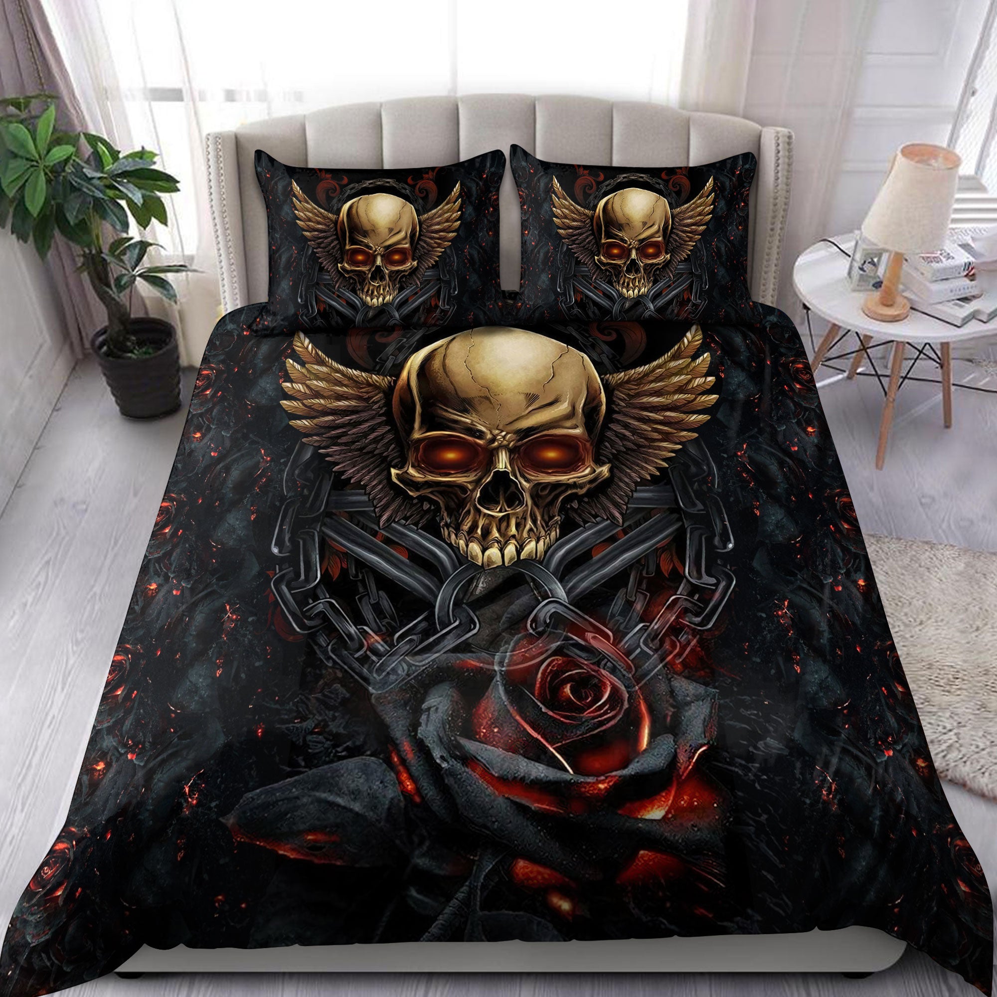 Winged Skull And Flower Bedding Set NTN15092201 - Bedding Set, Duvet Cover, Quilt, Pillow, Blanket