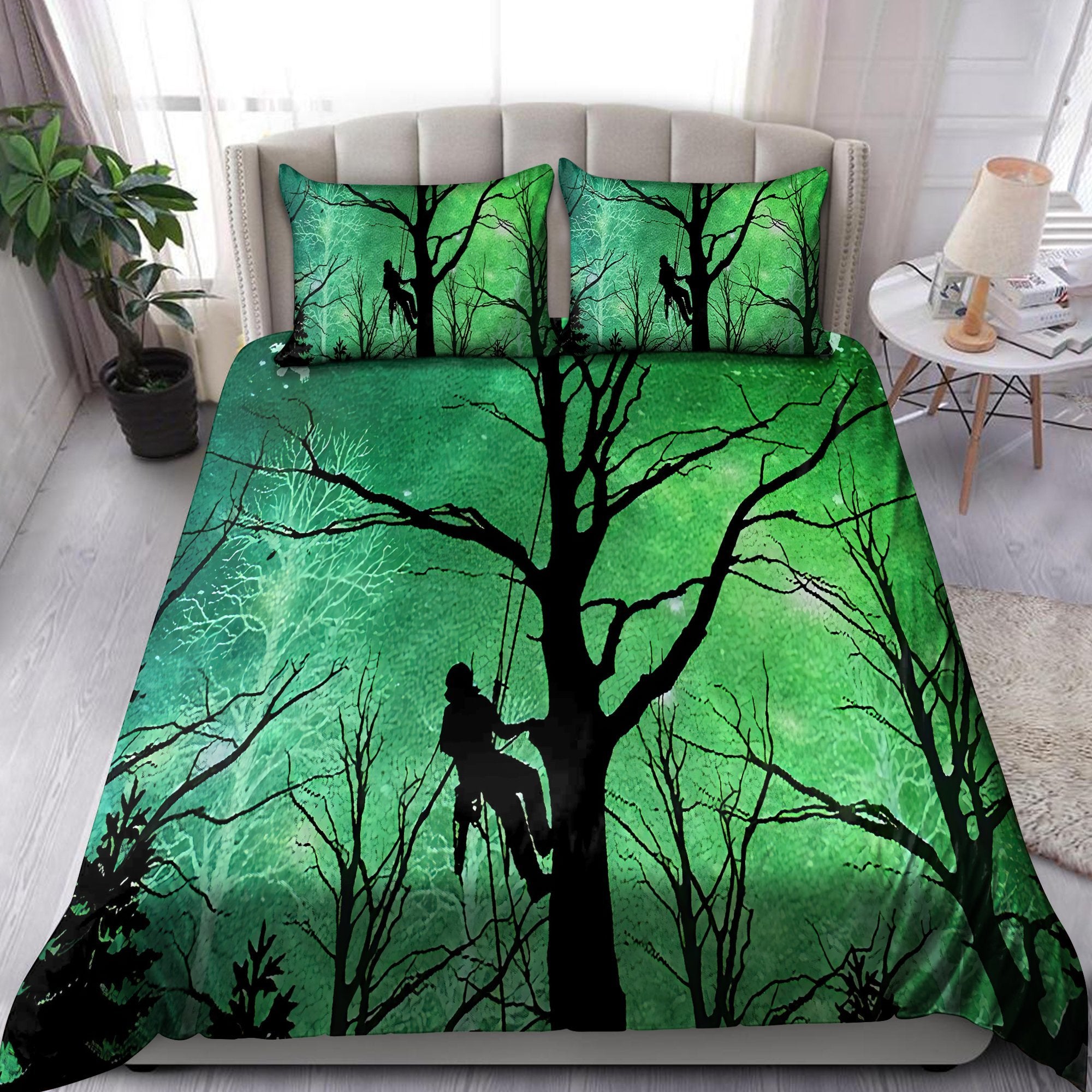 Green Arborist Logger Lumberjack In Jesus Name I Work Bedding Set - Bedding Set, Duvet Cover, Quilt, Pillow, Blanket