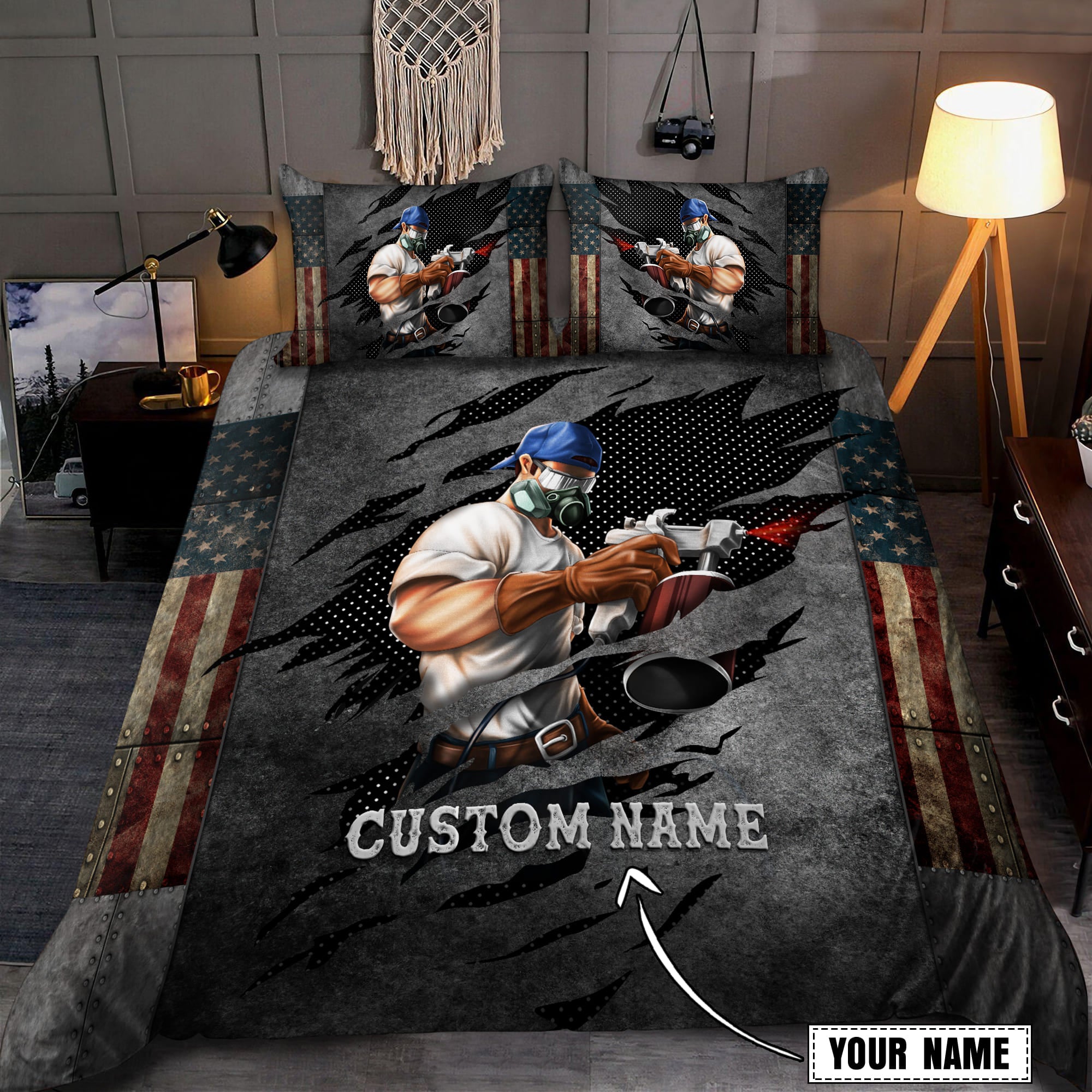 Tmarctee Customized Name American Spray Painter Bedding Set - Bedding Set, Duvet Cover, Quilt, Pillow, Blanket