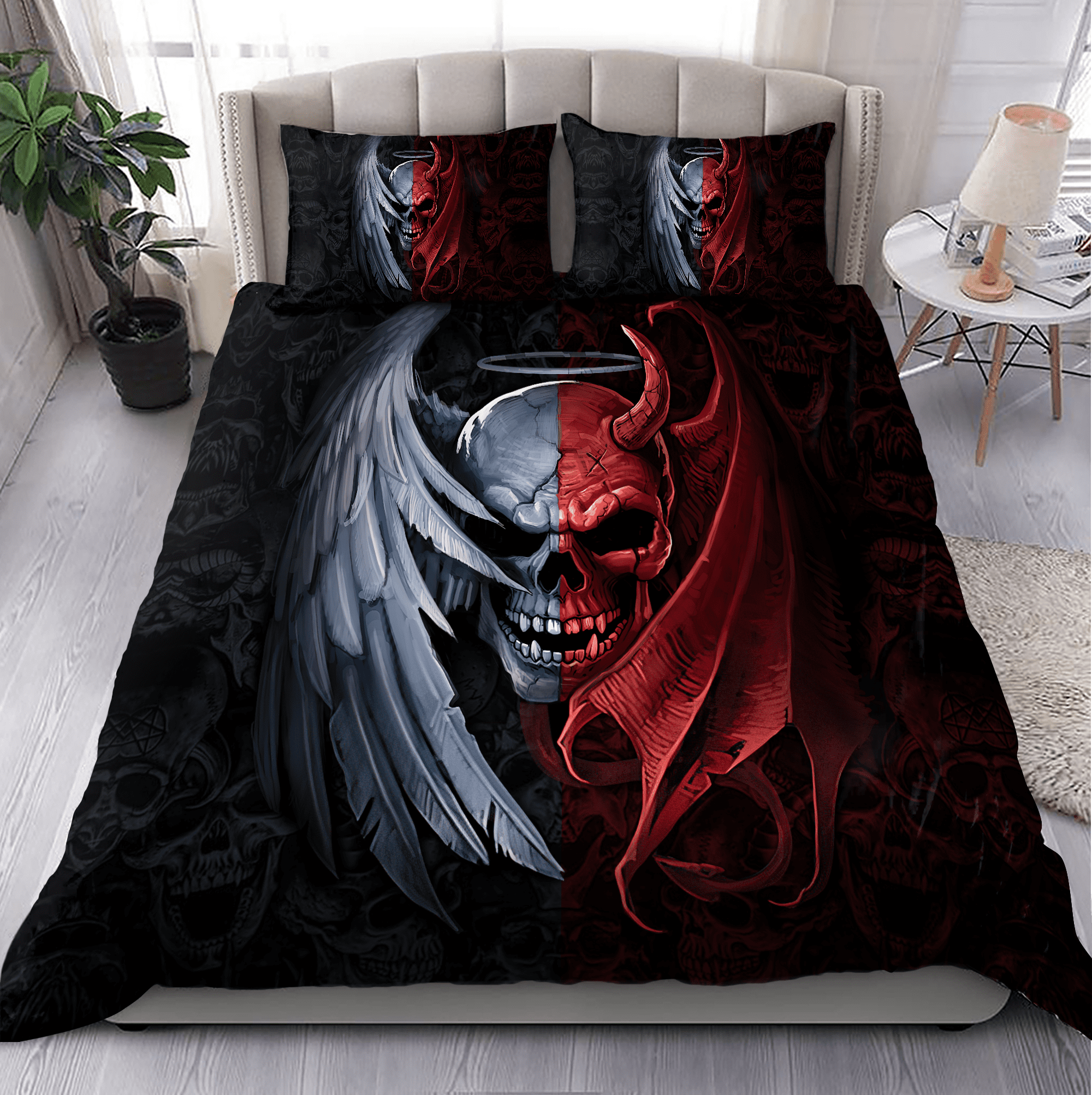 Gentle And Evil Skull Bedding Set - Bedding Set, Duvet Cover, Quilt, Pillow, Blanket