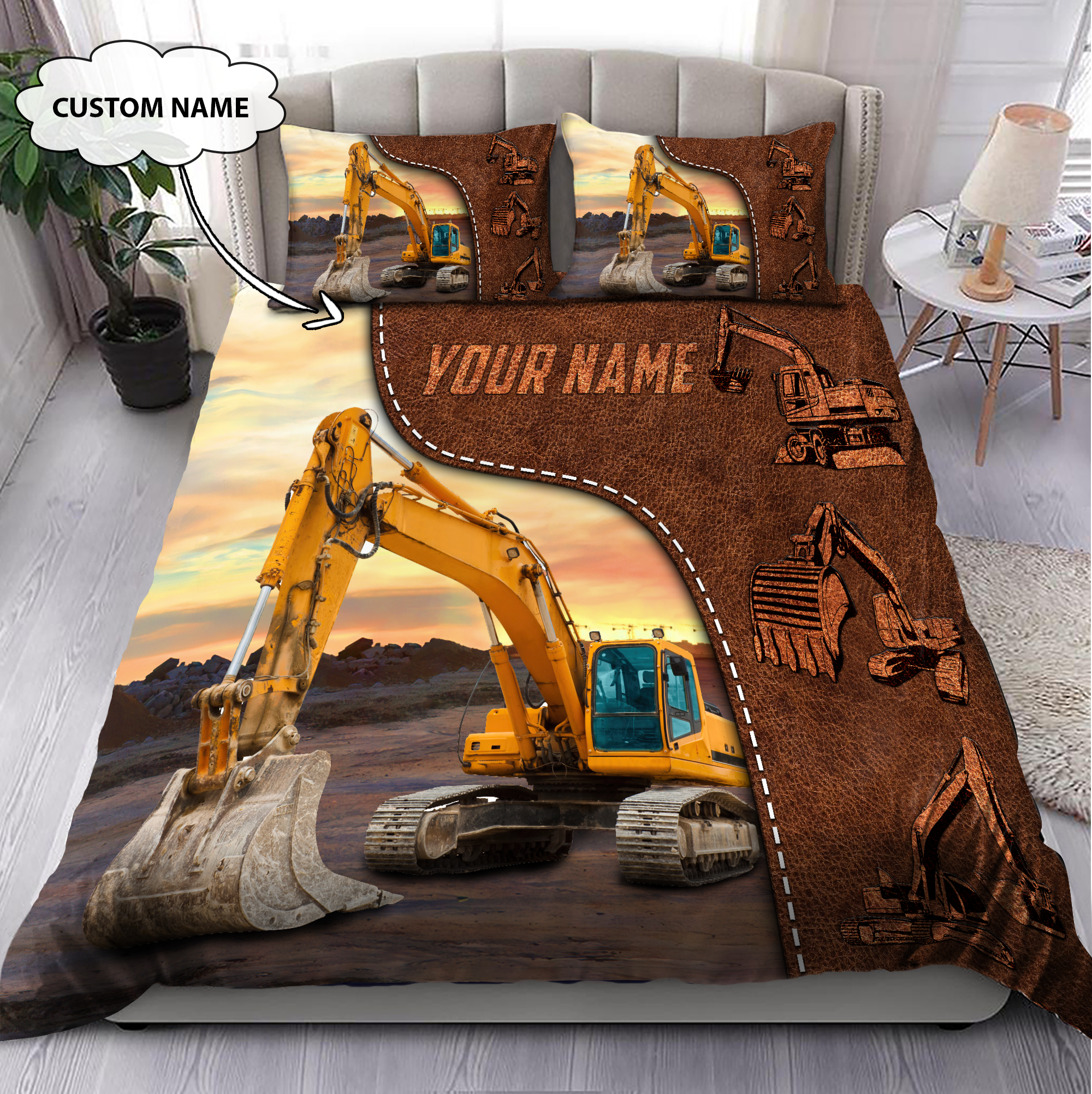 Customized Name Excavator Heavy Equipment Bedding Set PD - Bedding Set, Duvet Cover, Quilt, Pillow, Blanket