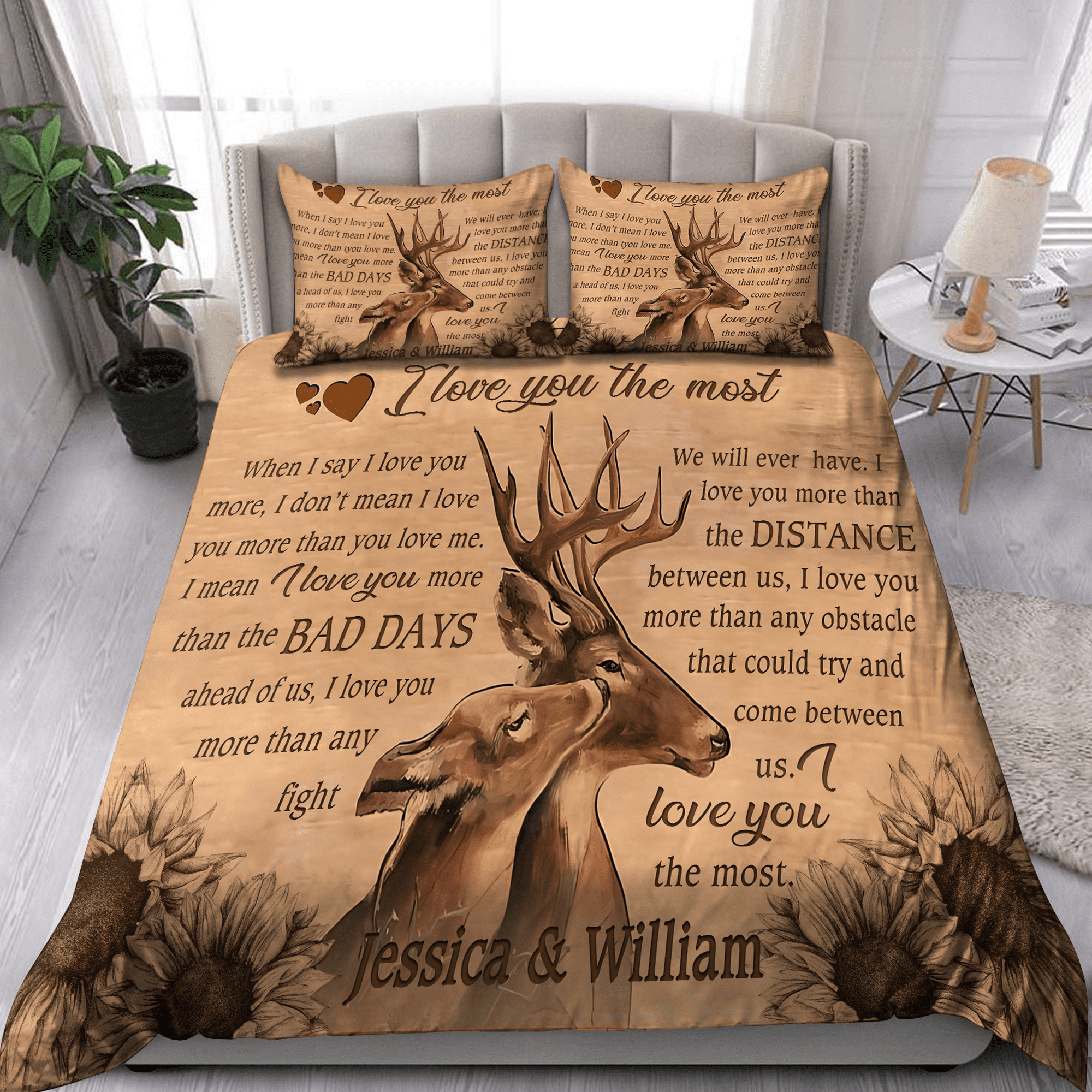 Love Gift Couple Deer Hunting Bedding Set - Bedding Set, Duvet Cover, Quilt, Pillow, Blanket