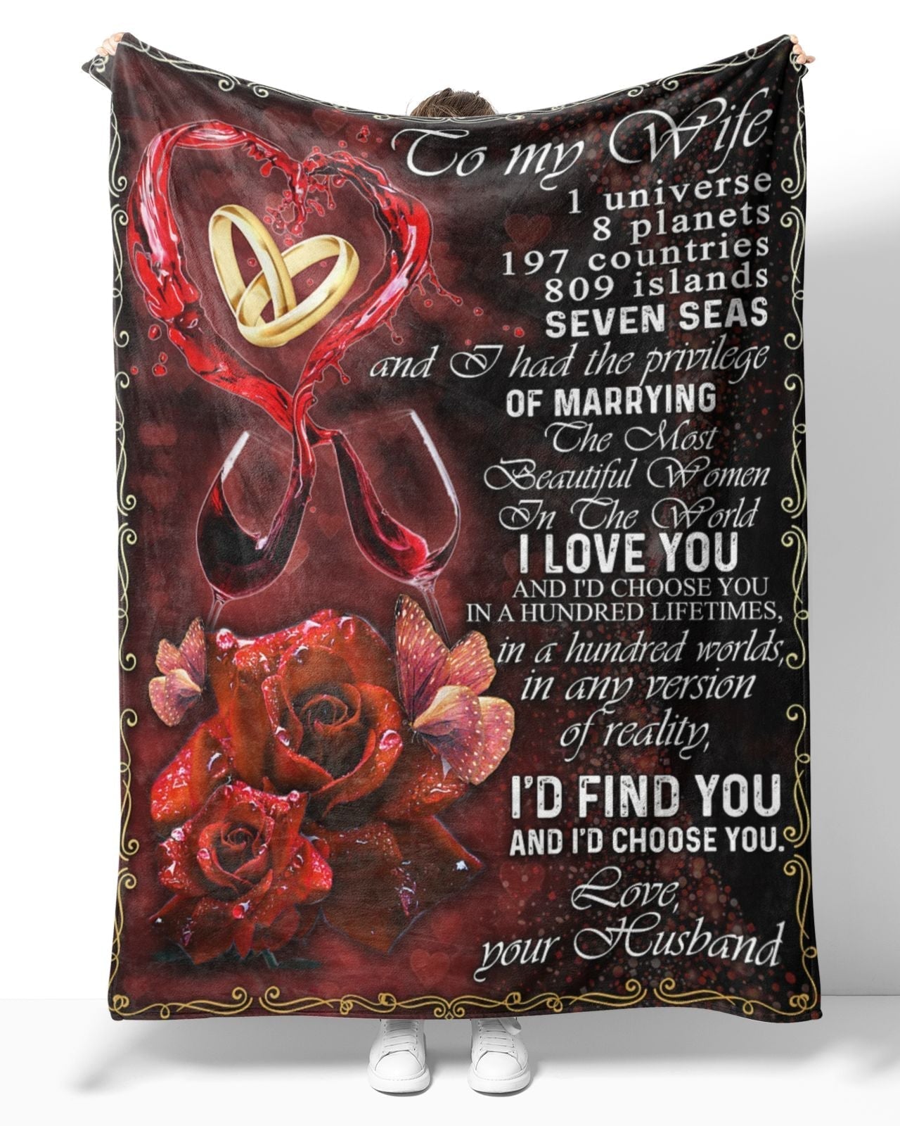 Bedding - Blanket, Duvet Cover, Quilt, Pillow - Personalized To My Wife Red Rose Flower Blanket From Husband, To My Wife In The World I Love You Rose Flower Blanket Gifts For Wife