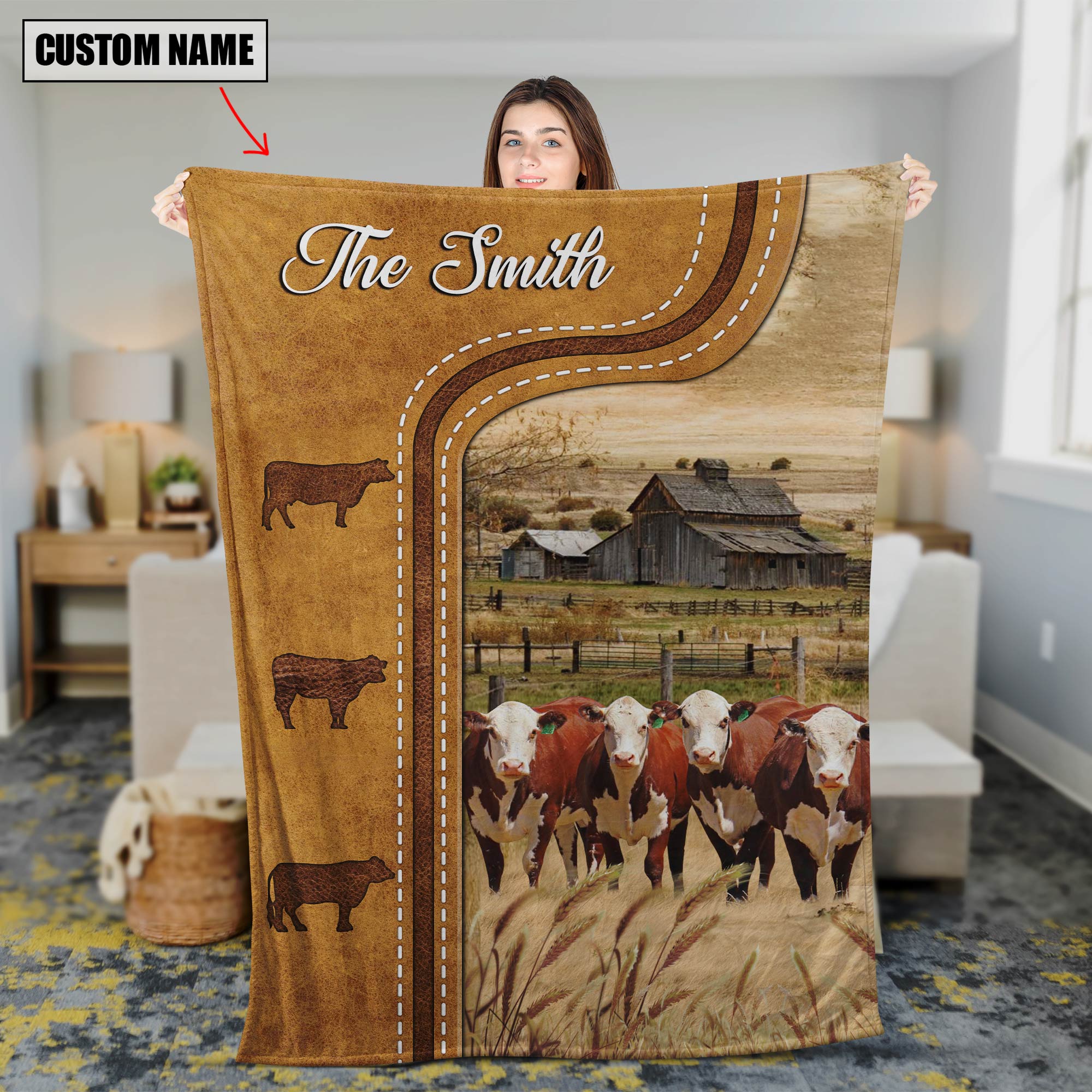 Bedding - Blanket, Duvet Cover, Quilt, Pillow - Namashops Blanket - Personalized Hereford Cattle In Field Farmhouse Blanket