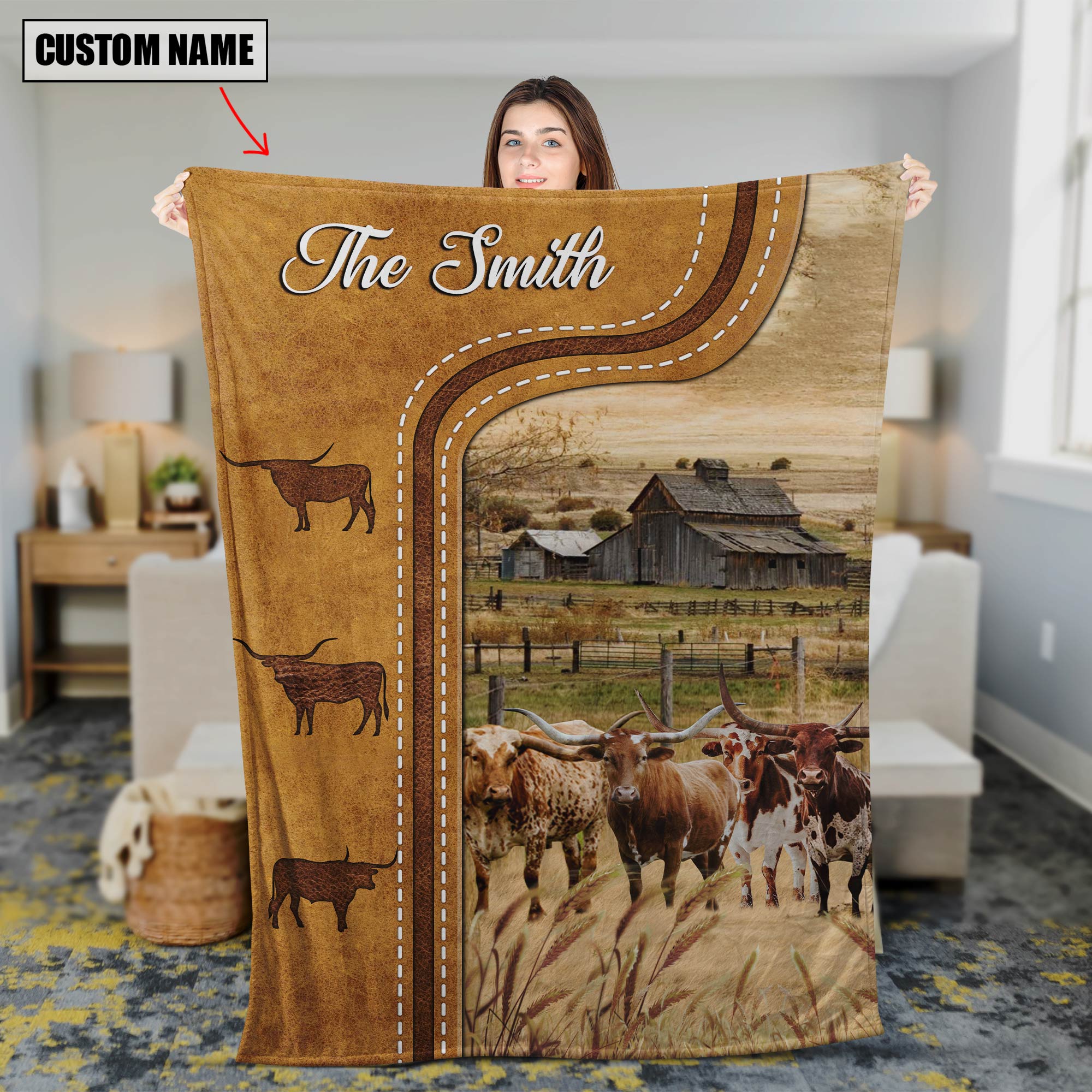 Bedding - Blanket, Duvet Cover, Quilt, Pillow - Personalized Texas Longhorn Cattle In Field Farmhouse Blanket