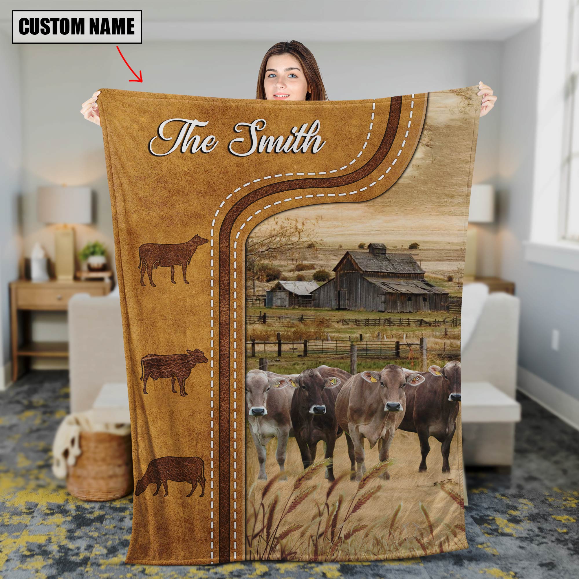 Bedding - Blanket, Duvet Cover, Quilt, Pillow - Namashops Blanket - Personalized Brown Swiss Cattle In Field Farmhouse Blanket