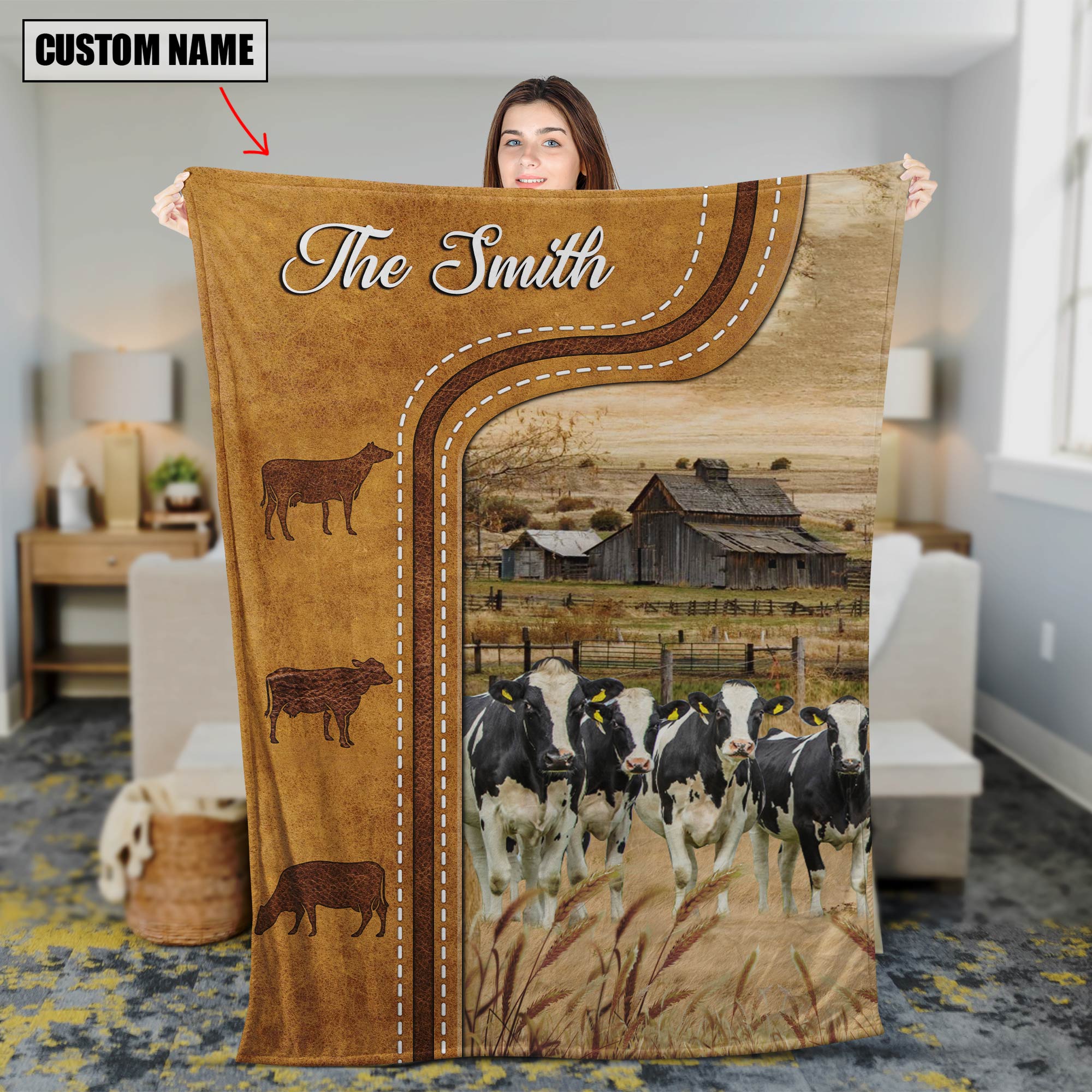 Bedding - Blanket, Duvet Cover, Quilt, Pillow - Namashops Blanket - Personalized Holstein Cattle In Field Farmhouse Blanket