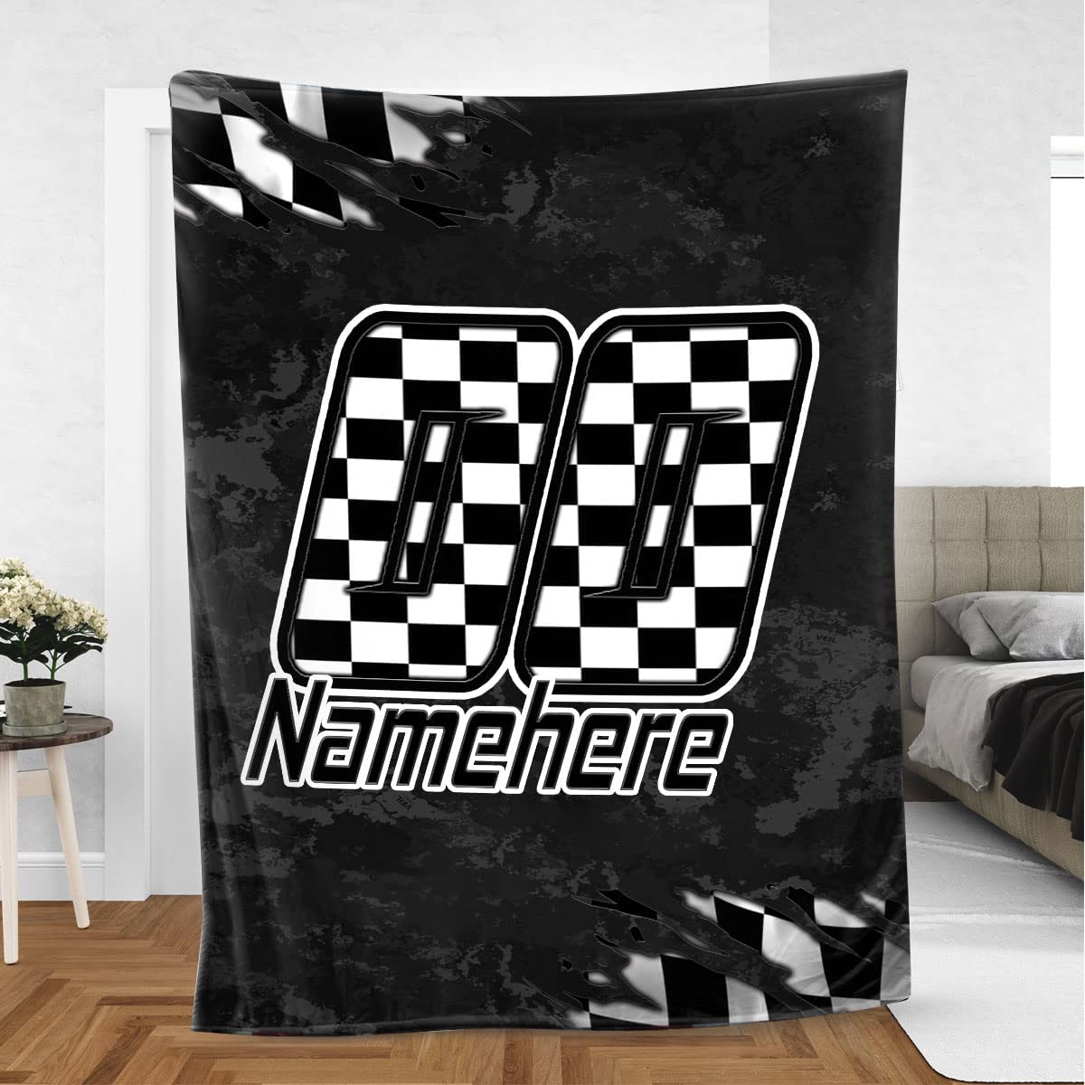 Bedding - Blanket, Duvet Cover, Quilt, Pillow - Custom Racing Checkered Flag Sport Lover Gift Personalized Name Number Soft Sherpa Throw Blankets
