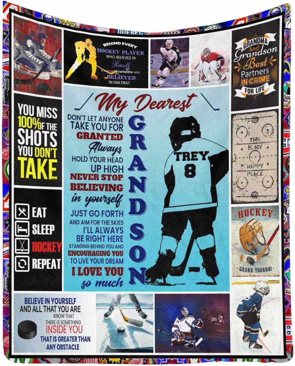 Bedding - Blanket, Duvet Cover, Quilt, Pillow - Custom Hockey Blanket To My Dearest Grandson From Grandma & Grandpa, Never Stop Believing In Yourself Lightweight Blanket