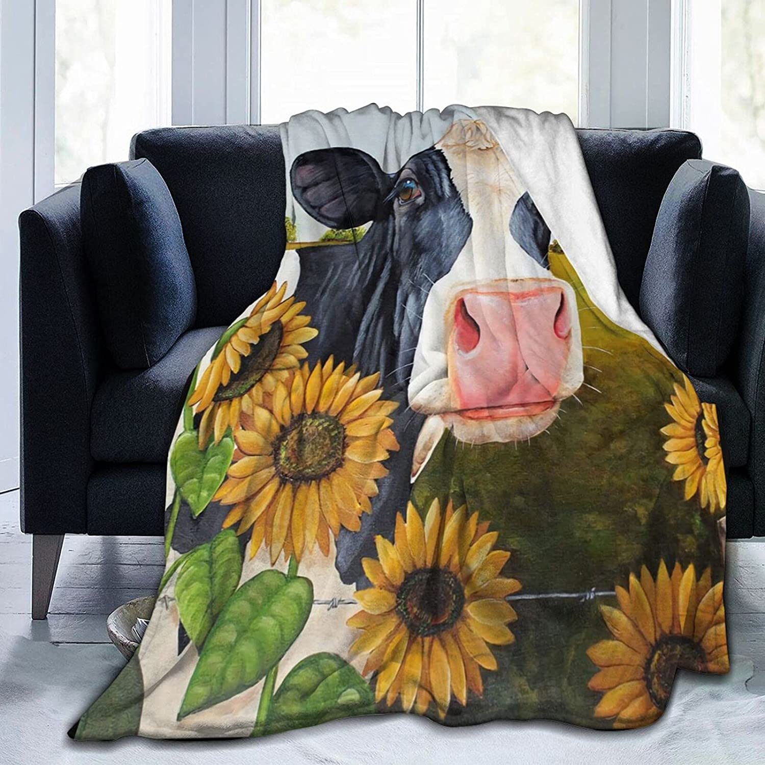 Bedding - Blanket, Duvet Cover, Quilt, Pillow - Sunflower Cow Throw Blanket For Couch, Sunflower Cow Cattle Painting Rustic Farmhouse Picture Lightweight Cozy Flannel Bed Blanket