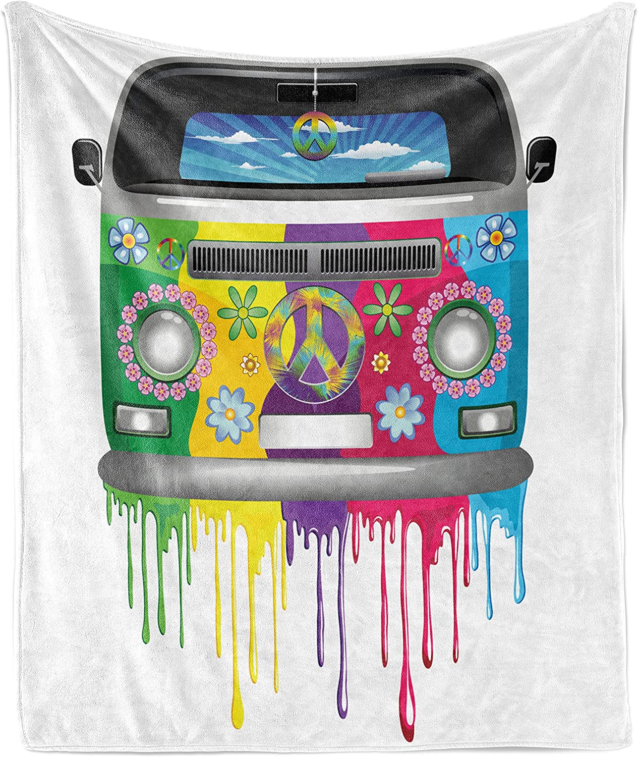 Bedding - Blanket, Duvet Cover, Quilt, Pillow - Hippie Van Dripping Rainbow Paint Old Days Pop Culture Vacation Transport Flannel Fleece Throw Blanket