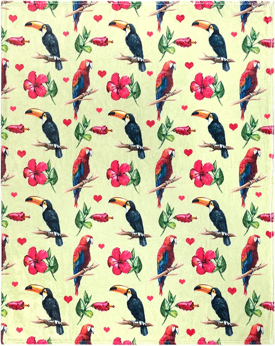 Bedding - Blanket, Duvet Cover, Quilt, Pillow - Tropical Birds Throw Blanket, Adorable Parrot And Toucan Blanket For Girls, Women And Children, Fleece Tropical Bird Blanket For Bed Or Couch