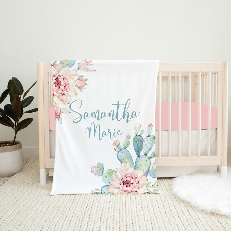Bedding - Blanket, Duvet Cover, Quilt, Pillow - Personalized Floral Cactus Baby Blanket, Succulent Baby Blanket, Baby Girl Blanket, Baby Shower Gift