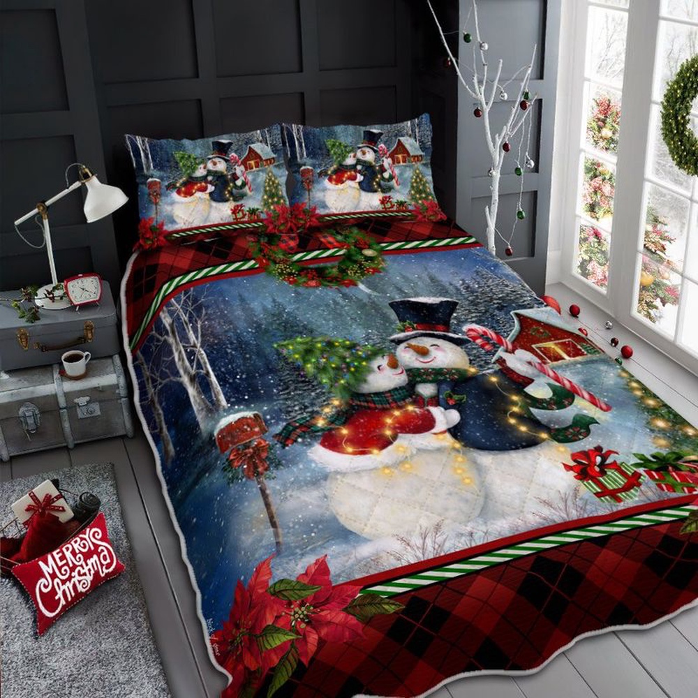 Duvet Cover, Quilt, Pillow, Blanket - Valentine Bedding Set, Snowman Couple Christmas Red Quilt Bedding Set Christmas Eve Bedding Set Christmas Style Valentine Gift Bedding Set