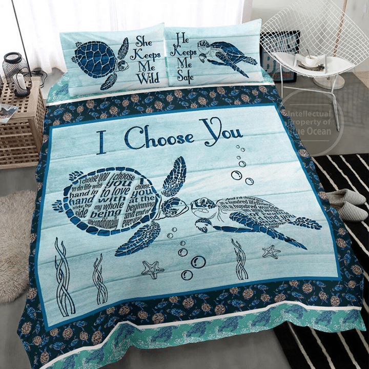 Duvet Cover, Quilt, Pillow, Blanket - Holiday Turtle I Choose You Blue Bedding Set For Couple Valentine's Day QT202027Xa Bedding Set