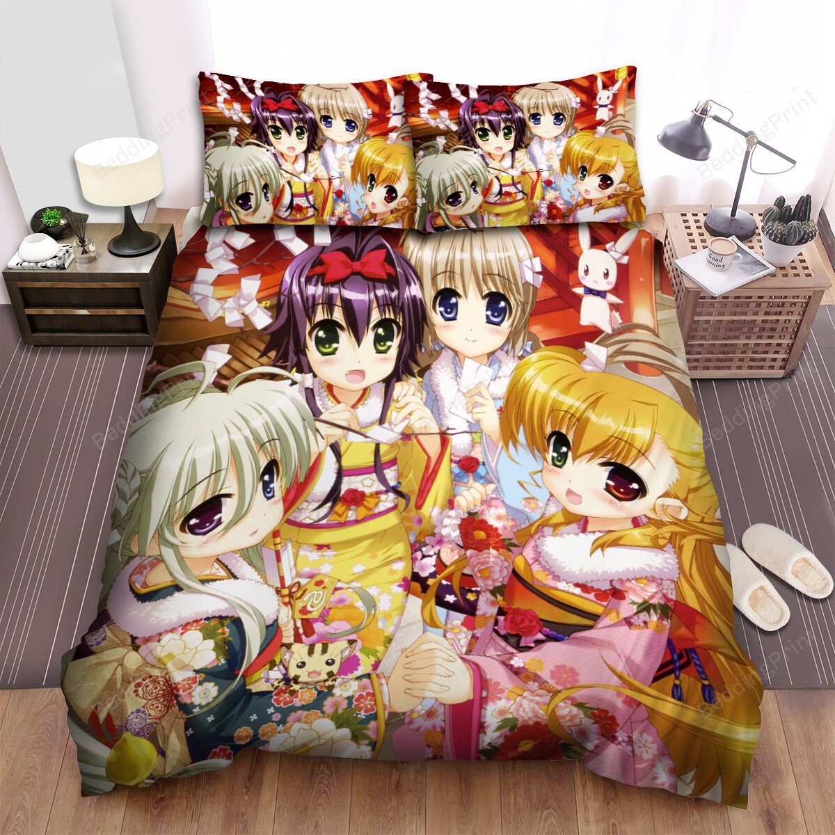 Duvet Cover, Quilt, Pillow, Blanket - Magical Girl Lyrical Nanoha Girls In Kimono On New Year Eve Bed Sheets Spread Duvet Cover Bedding Sets Bedding Set