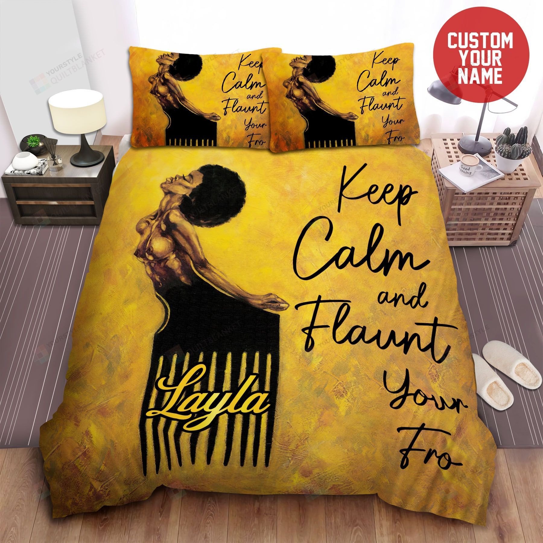 Duvet Cover, Quilt, Pillow, Blanket - African American Woman Keep Calm And Flaunt Your Fro Black Girl Magic Custom Name Duvet Cover Bedding Set For Mother's Day Bedding Set