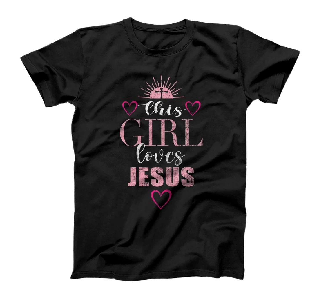 Christian faith This Girl Loves Jesus Pink Cross hearts Tee T-Shirt