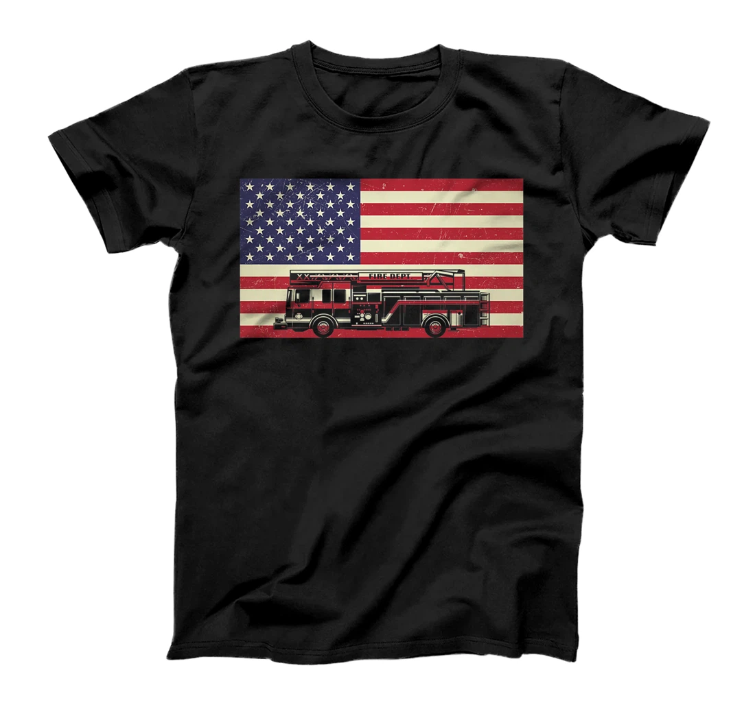 Patriotic Distressed Firefighter Fire Truck American Flag Premium T-Shirt