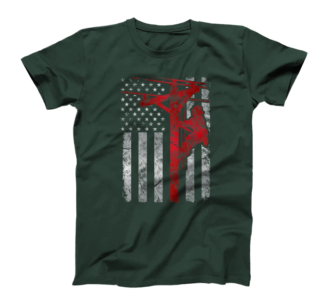 Distressed Patriotic Electric Cable Lineman American Flag T-Shirt
