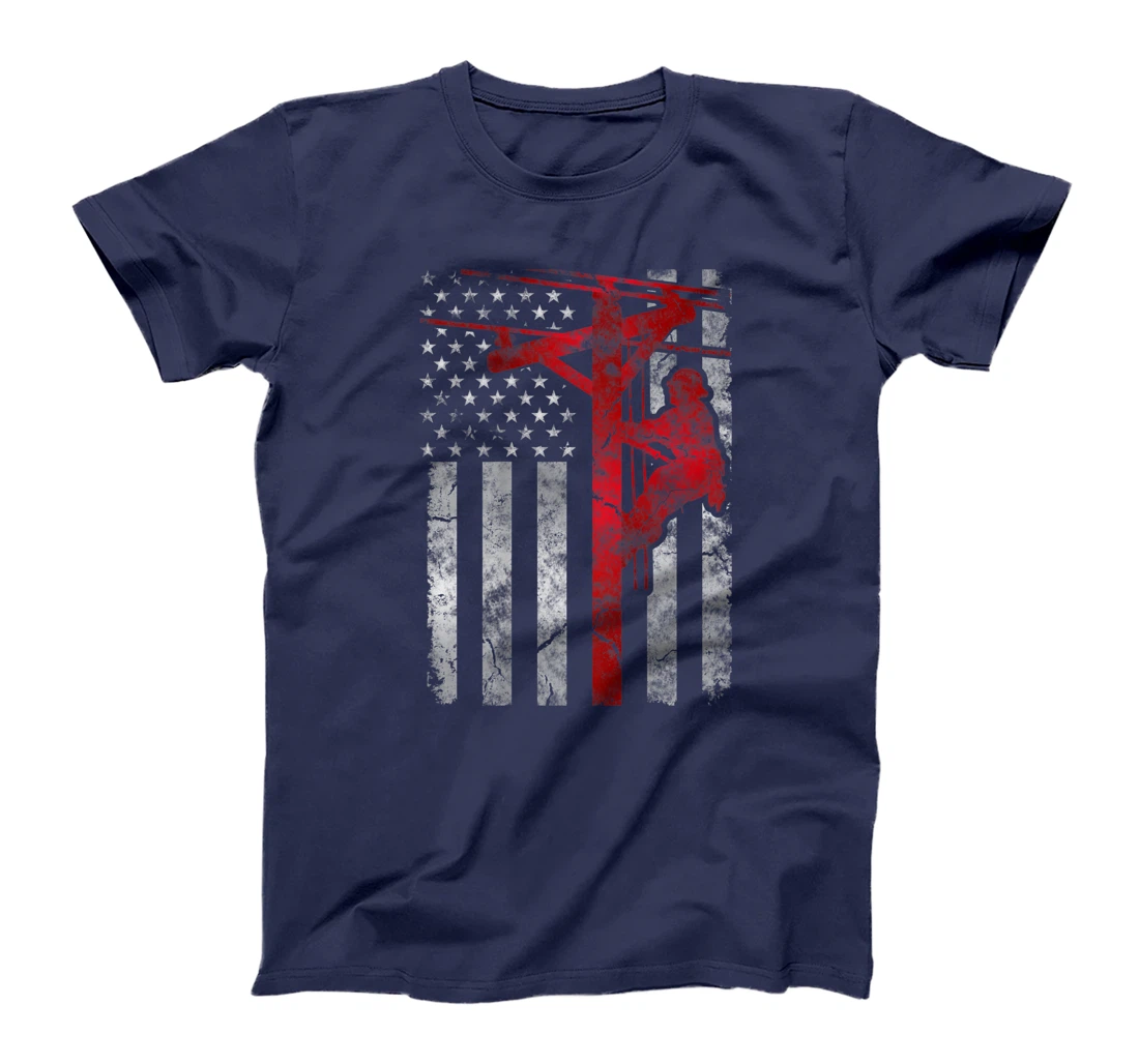 Distressed Patriotic Electric Cable Lineman American Flag T-Shirt