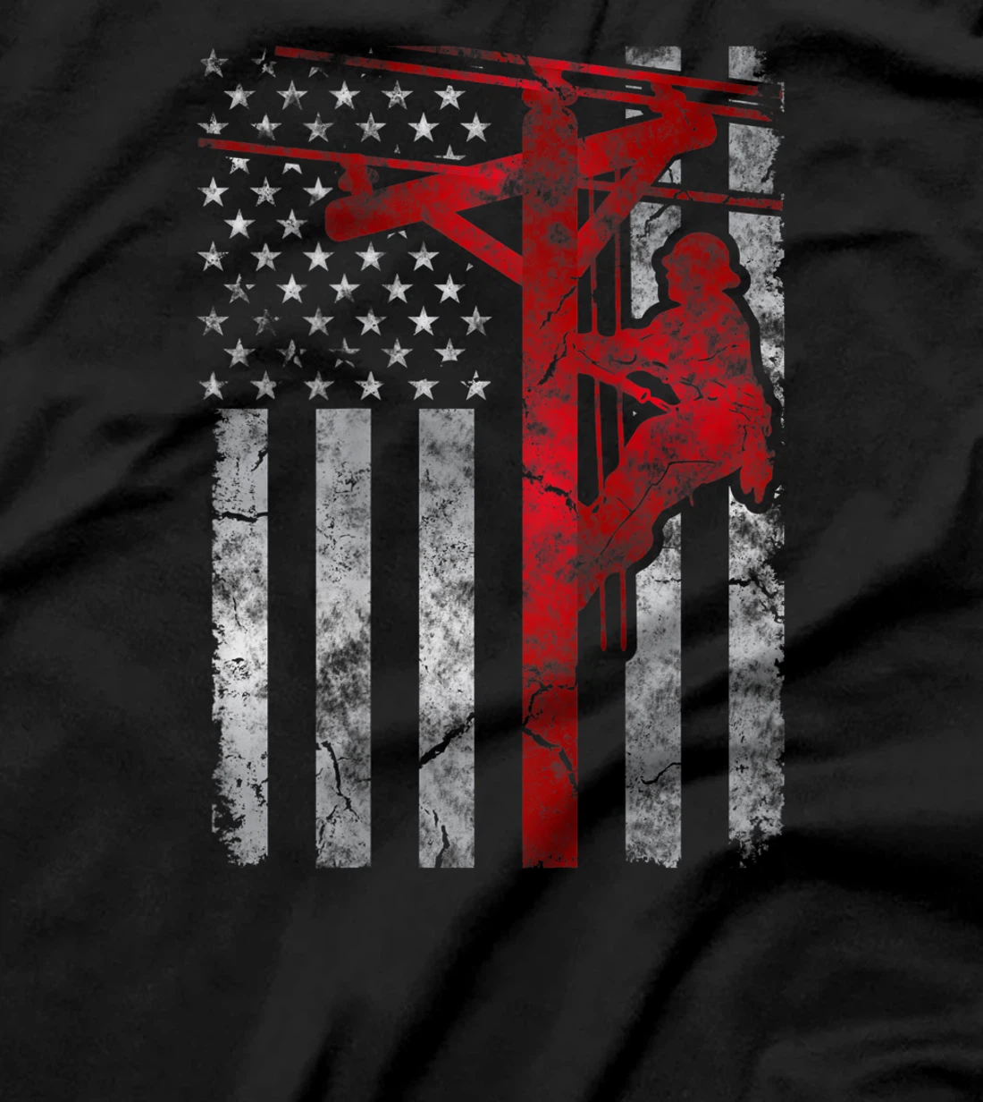 Distressed Patriotic Electric Cable Lineman American Flag T-Shirt